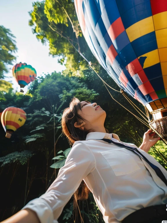 ((top-quality、in 8K、​masterpiece:1.3、Raw photo))、((Japanese female idol riding a hot air balloon)), Super high quality photos, Hot air balloon flying high above the vast jungle, Under the balloon is a vast tropical jungle, (Photorealistic: 1.4), (hyper realisitic: 1.4), (Realistic: 1.3), (Smooth lighting: 1.05), (Improved film illumination quality: 0. 9), 32K, (Quality Improvement: 1.4), Cinematic lighting、((Hot air balloon flying high above the vast jungle)), ((Japanese female idol riding a hot air balloon)), ((Perfect beauty)), ((Slim and beautiful proportions)), ((evening)), Very beautiful Japan idols, Slim legs, Wear a see-through shirt,