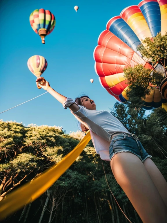 ((top-quality、in 8K、masterpiece:1.3、Raw photo))、((Japanese female idol riding a hot air balloon)), Super high quality photos, Hot air balloon flying high above the vast jungle, Under the balloon is a vast tropical jungle, (Photorealistic: 1.4), (hyper realisitic: 1.4), (Realistic: 1.3), (Smooth lighting: 1.05), (Improved film illumination quality: 0. 9), 32K, (Quality Improvement: 1.4), Cinematic lighting、((Hot air balloon flying high above the vast jungle)), ((Japanese female idol riding a hot air balloon)), ((Perfect beauty)), ((Slim and beautiful proportions)), ((evening)), Very beautiful Japan idols, Slim legs, Wear a see-through shirt,