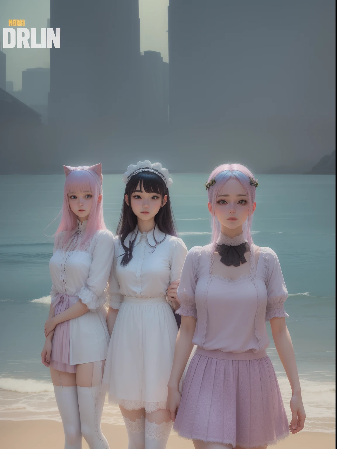Four beautiful girls hugging each other,Pink hair,Half light blue hair Half light purple hair,(Excellent color transition),cabelos preto e longos,short length bangs,By bangs,with long bangs,White stocking loli,Black translucent stockings,white stockings,Long-legged big sister,Heteropupil,Purple pupils,Blue eyes,Cute face,ssmile,The face is pink,Beautiful big eyes,Mature face,Maid dressed in a long dress,Home décor,short skirt