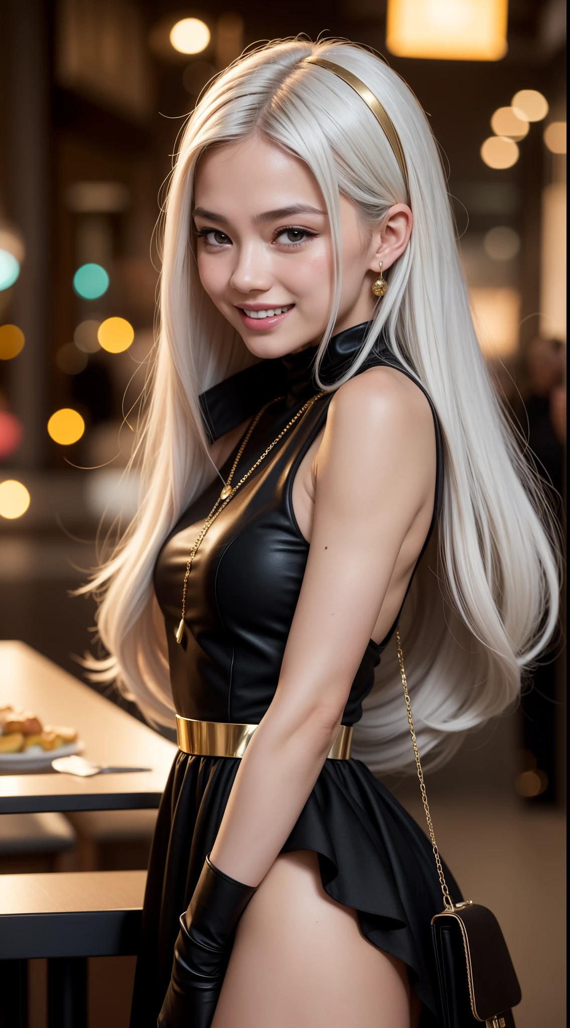 Malay girl, very long white hair,wear black Mini peplum Dress , laughing and posing with hand on head, touching her own hair, wear gold handbag, from back view, windy, detail skin, age spot, detail skin texture, mole below eyes, small breast, flat chest, wide hips, small waists, thick thighs, slim abs, beautiful petite body, nighttime, laughing, happy, cool ambient, crowded cafe, blur background, bokeh, cinematic lighting, Super 8mm lense, Extreme close-up, deep focus cinematography effect, Natural Lighting, pastel color grading, high quality, ultra detail, 8k resolution