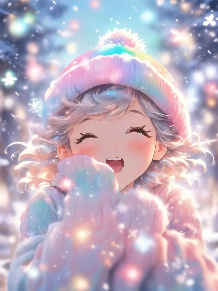 The exhaled breath is white:1.5,breathe into your hands,wearing a pink knitted hat,Snowflakes and stars on pink and blue background, Ayako Rokkaku'pastels, Tumbler, holography, light snowing, pastel faded effect, snowy background, light snowing, background is heavenly, Dancing snowflakes, Snowflower, Gentle background, Background pastels, Shining snow, Snowflower, bokeh rainbow accent, snowflakes falling, magical background