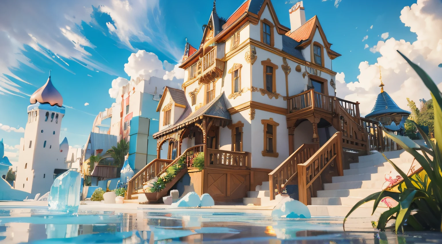 Cartoon-style game scene, blue sky and white clouds, sky, childlike happy atmosphere, the whole picture is based on bright yellow colors, colorful colors, (ice cream), (candy), (fruit), a house made of ice cream, candy-like architecture, fairy tale world, ultra HD, master masterpiece, best quality, medium view, close view, far view, realistic lighting, masterpiece, high quality, beautiful graphics, high detail, global illumination, Unreal Engine rendering, Octane rendering, (HDR:1.3), Best Quality, 8K, Perspective, Depth of Field, High Resolution, Fine Detail, Ultra Detail, Sharp Focus