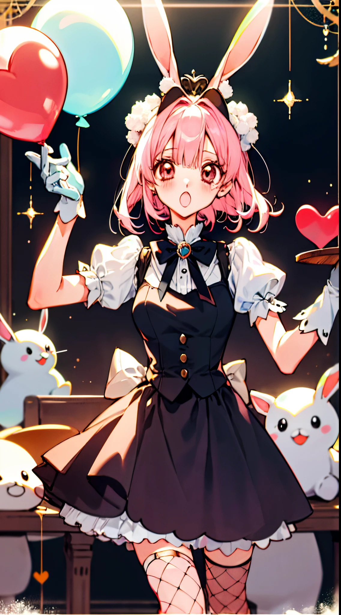 wdhemu, 1girl, solo, looking at viewer, short hair, open mouth, thighhighs, gloves, hat, dress, bow, holding, animal ears, pink hair, long curly hair, flower, short sleeves, heart, hairband, frills, puffy sleeves, indoors, blunt bangs, pink eyes, rabbit ears, :o, puffy short sleeves, fake animal ears, stuffed toy, table, stuffed animal, fishnets, watch, top hat, card, balloon, checkered floor, playing card, pocket watch, lunachan, uekura eku, uekuraeku