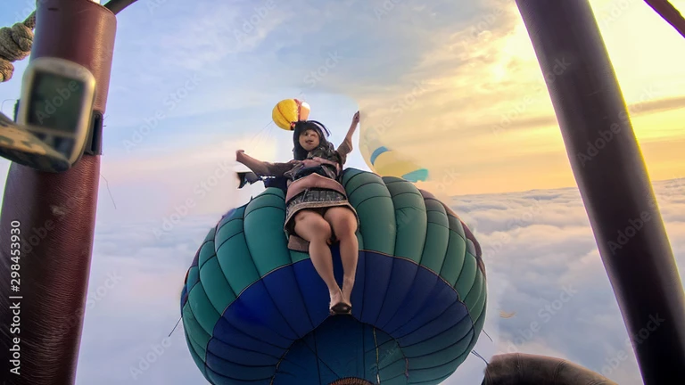 Photo of a paraglider on the sky with a skinny girl with short hair,completely nude,wide pussy open, wide view, full body, High resolution. long shot, this image should see overall of the paraglider.