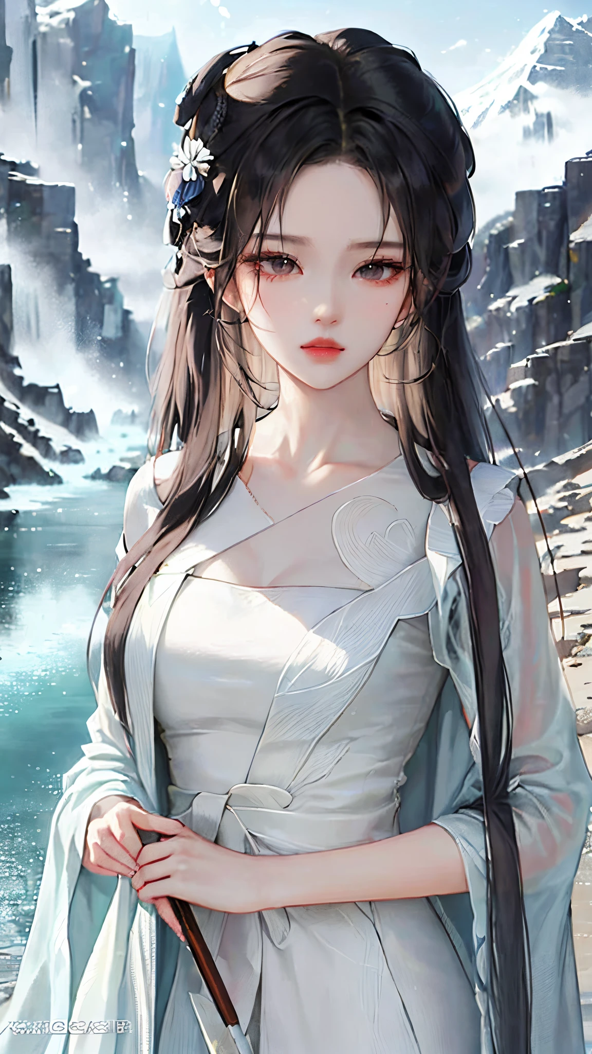 heroes'A masterpiece in the style of ancient Wei Zi,Close-up of a woman with black hair,Exquisite epic character art,Presenting stunning aesthetics and antique atmosphere,The delicate brushstrokes and depth of field in the picture make you immersed in the scene,Fan Qiwu quasi-world can be regarded as the beauty of mountains and rivers,Liu Yifei,
