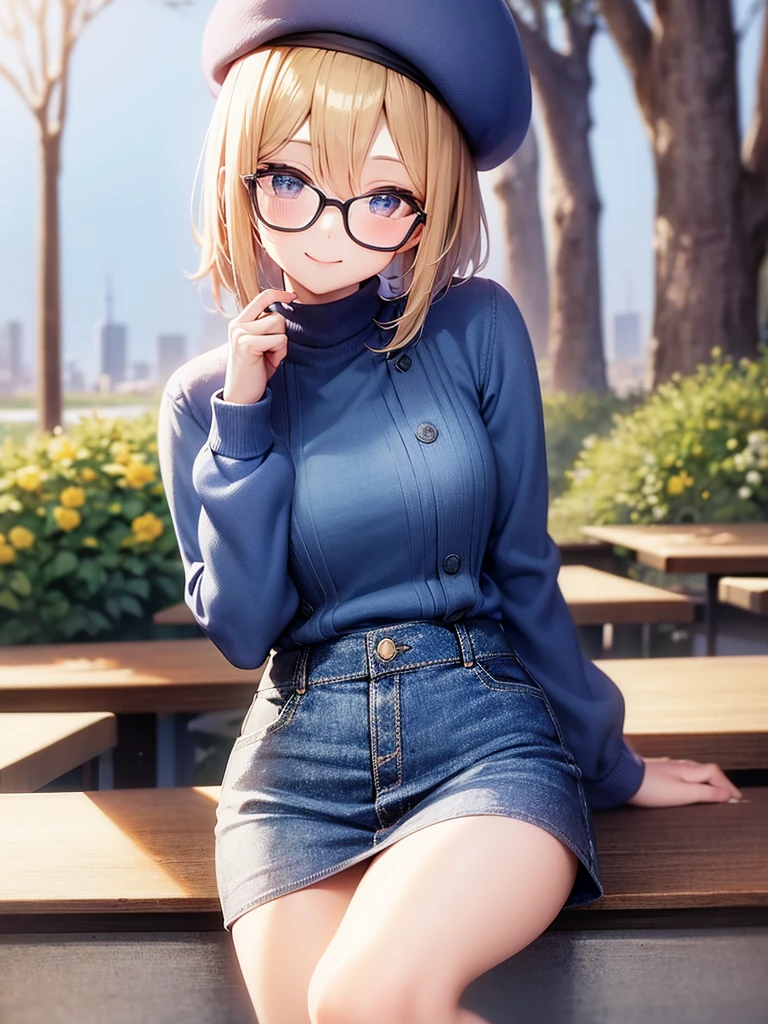 season in winter, good weather in the park, side lake. a one beauty woman, blond bob hair, glasses, wears a blue beret on head, tops is fashionable blue sweater, bottoms is denim skirt, (sexy::1.2) smile. eat a hamburger with both hands.