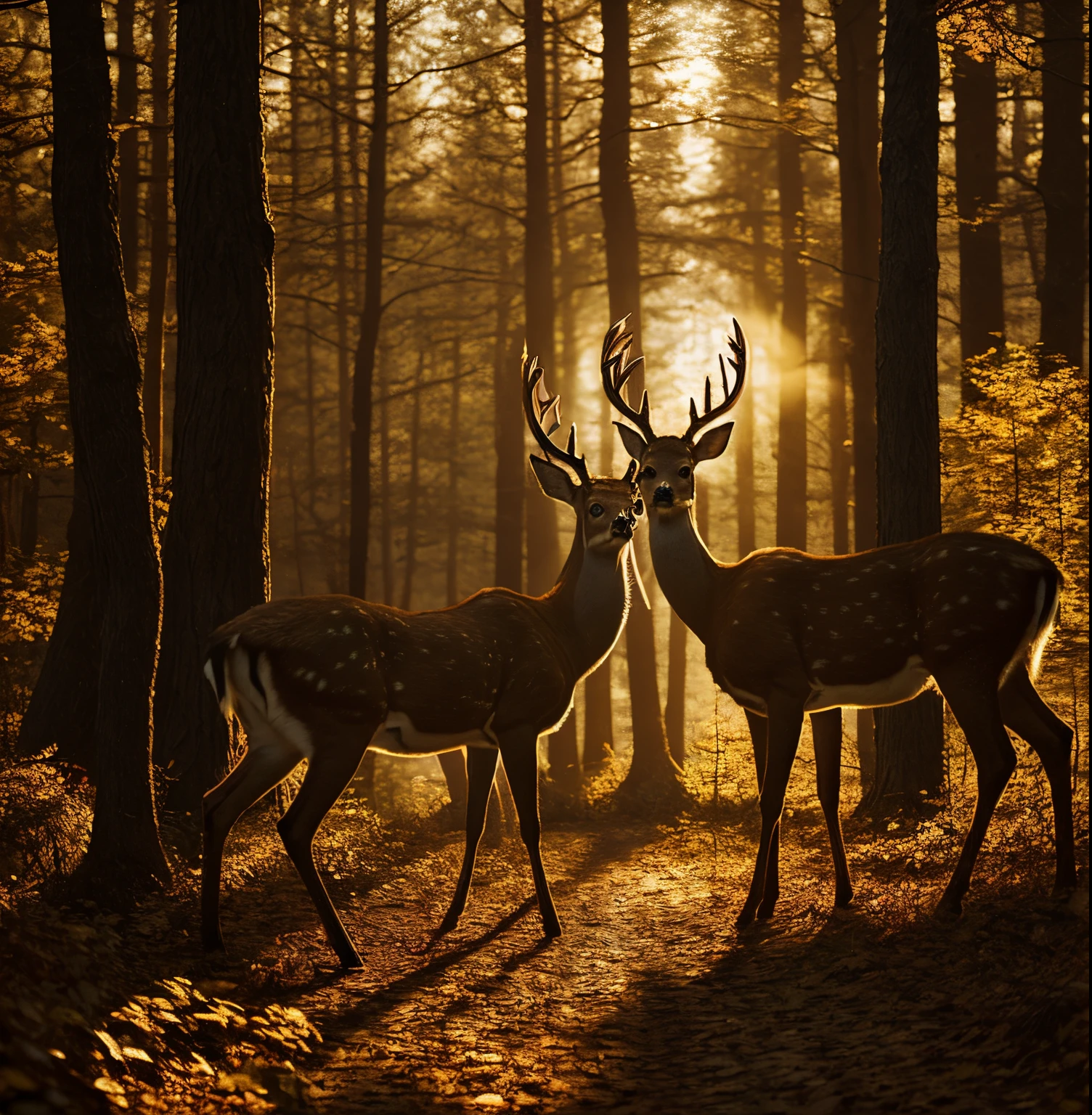 Two deer in leaves, one sniffing the ground, the other looking around A fantasy forest，Verschwommene Perspektive，Sonnenlicht, that penetrates through the trees