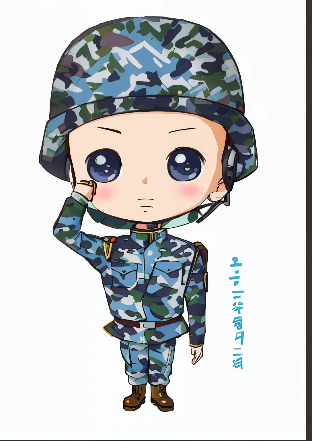 Cartoon of a boy in camouflage uniform saluting, tchibi, inspired by Kim Hwan-gi, cute big breasts:2, in a soldier uniform, cute artwork, in a soldier uniform, Chibi Art, Official fan art, [ number art ]!!, Wearing a soldier's uniform, pixiv, By Ei-Q, anime《tchibi》, Lingchang, chibi anime, Little cute, binh