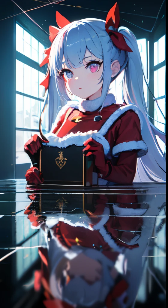 (masterpiece、top-quality、ultra-detailliert、Best Shadows)、(细致背景)、(beautifull detailed face)、highly contrast、(The best lighting、extremely delicate and beautiful)、((Cinematic Light))、colourfull、Hyper-detailing、Dramatic light、intricate detailes、(1girl in、独奏、silber hair、Twintail、Sharp face、a purple eye、Ribbons in the hair、((santa costume))、Liquid splattering、Frozen ruins、depth of fields、Particles of light、(Broken glass)、Blue Neon、lip stick、Glossy lips、In the eyes、Like glasswork、neon color、full body Esbian、detailed santa clothes、purple neon、sexy pose、Crystal Effects,Red Santa Clothes,fine lines