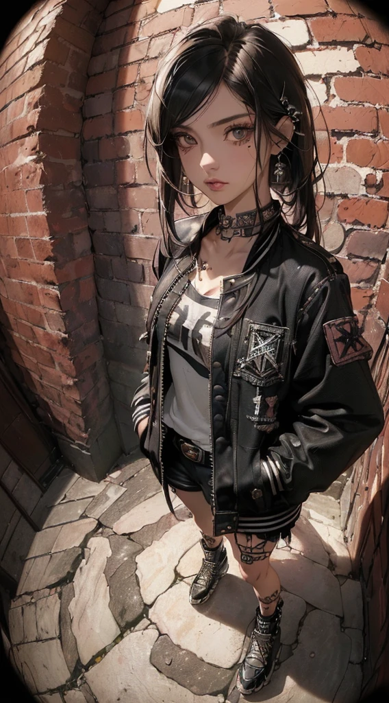 (((8k wallpaper of extremely detailed CG unit:1.2, ​masterpiece, hight resolution:1.2, top-quality:1.2, masutepiece))), ((a very beautiful woman, Grunge Fashion, punk fashion, Wearing a blouson:1.1, Wearing shoes, Hands in pockets:1.8)), ((extra detailed face, Highly detailed black eyes, extra detailed body, Top quality real texture skins)), (A dark-haired, The long-haired, de pele branca, Small:1.2), ((surrounded by a brick wall)), (high-angle:1.2, a closeup, Fisheye:1.4), hyper realisitic, digitial painting,