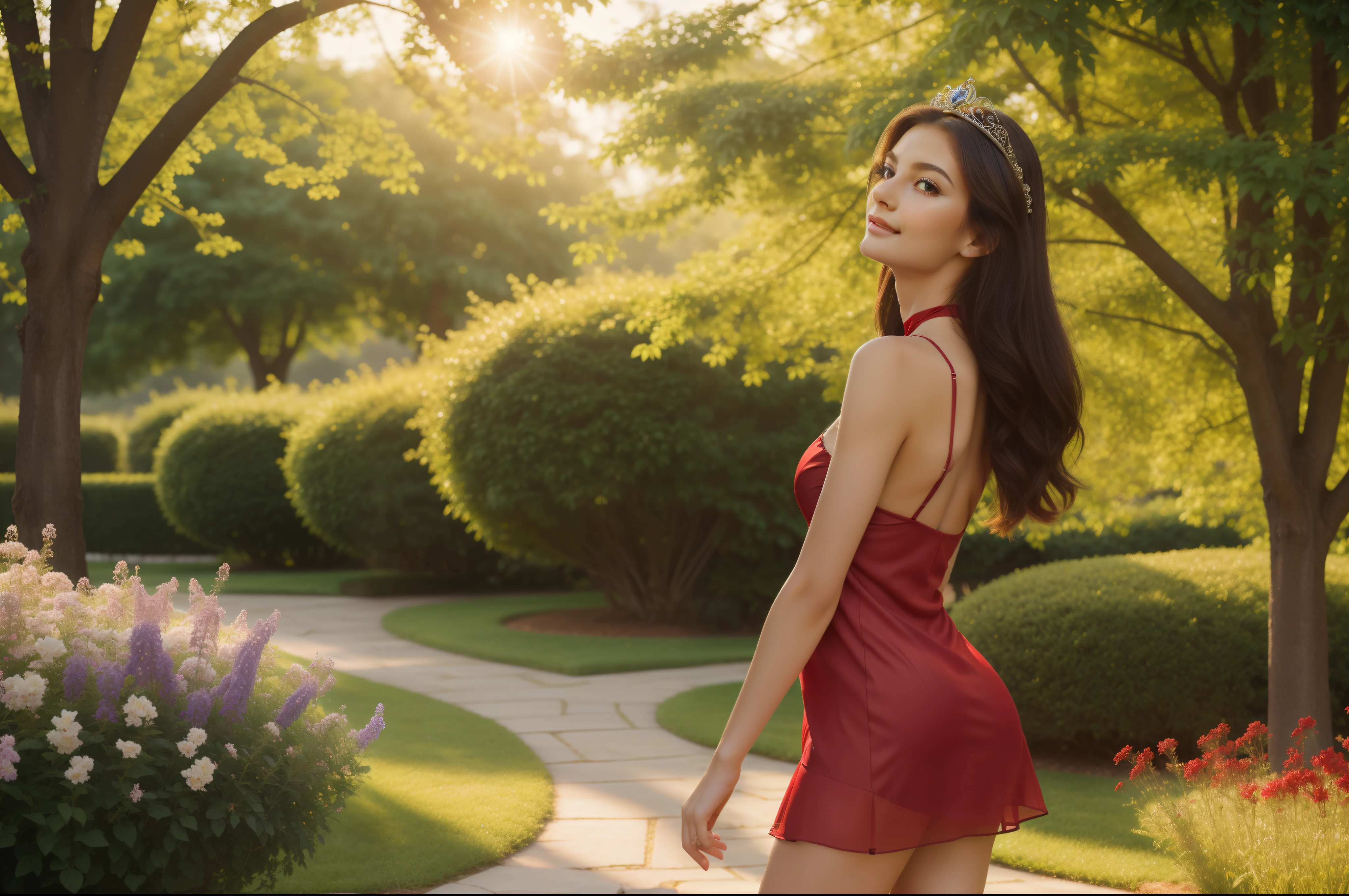 (best quality,4k,8k,highres,masterpiece:1.2),ultra-detailed,(realistic,photorealistic,photo-realistic:1.37),queen walking in flower garden,oil painting,((full-body view:1.4)), (((1girl))),(((solo))),(((a girl alone))),(18years old),[the face is combination of (((irene1:1.2))) and (((Excella_er5:1.2)))],(sharp focus:1.5),beautiful detailed eyes,beautiful detailed lips,extremely detailed eyes and face,long eyelashes,gorgeous girl,feminine charm,pearl skin,(skin pores:1.1),extremely detailed face and skin texture,(skin texture:1.1),black hair,soft and smooth hair,tall and slender body,(192cm tall),thin and delicate figure,graceful posture,strong and defined muscles,flawless skin,defined abs,perfect curves,feminine appearance,beautiful long legs,embodying elegance and beauty,happy expression,full-smile,seductive eyes and sensual lips,large breasts,cleavage breasts,((wearing a (red:1.3) low-neck dress:1.3)),(no panty:1.3),(ultra-short skirt:1.3),((see through dress:1.2)),(Queen's Crown),royal attire,regal crown,graceful posture,serene expression,colorful blooming flowers,fluttering butterflies,dappled sunlight,fresh morning dew,fragrant floral aroma,vibrant colors,romantic atmosphere,soft pastel color palette,subtle warm lighting