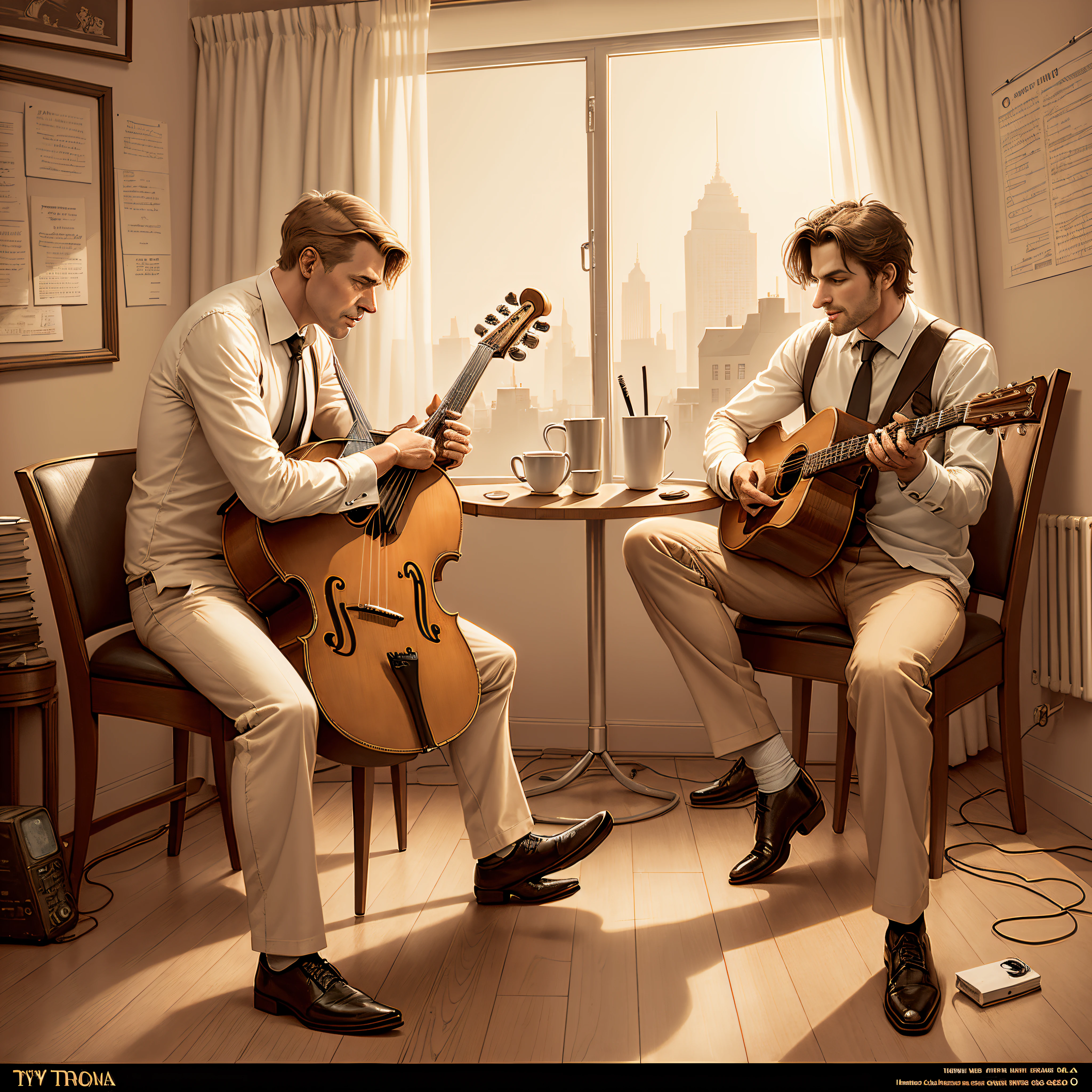 Illustration of a man sitting on a chair drinking coffee, Coffee and Musical Instruments, Cyril Rowland and M.W Carta, Cyril Rowland and M.W Carta, Tim Doyle, Victosha! Muted Sepia, Artwork, Trevor brown, detailed digital illustration, vikto style, empty jazz cafe details