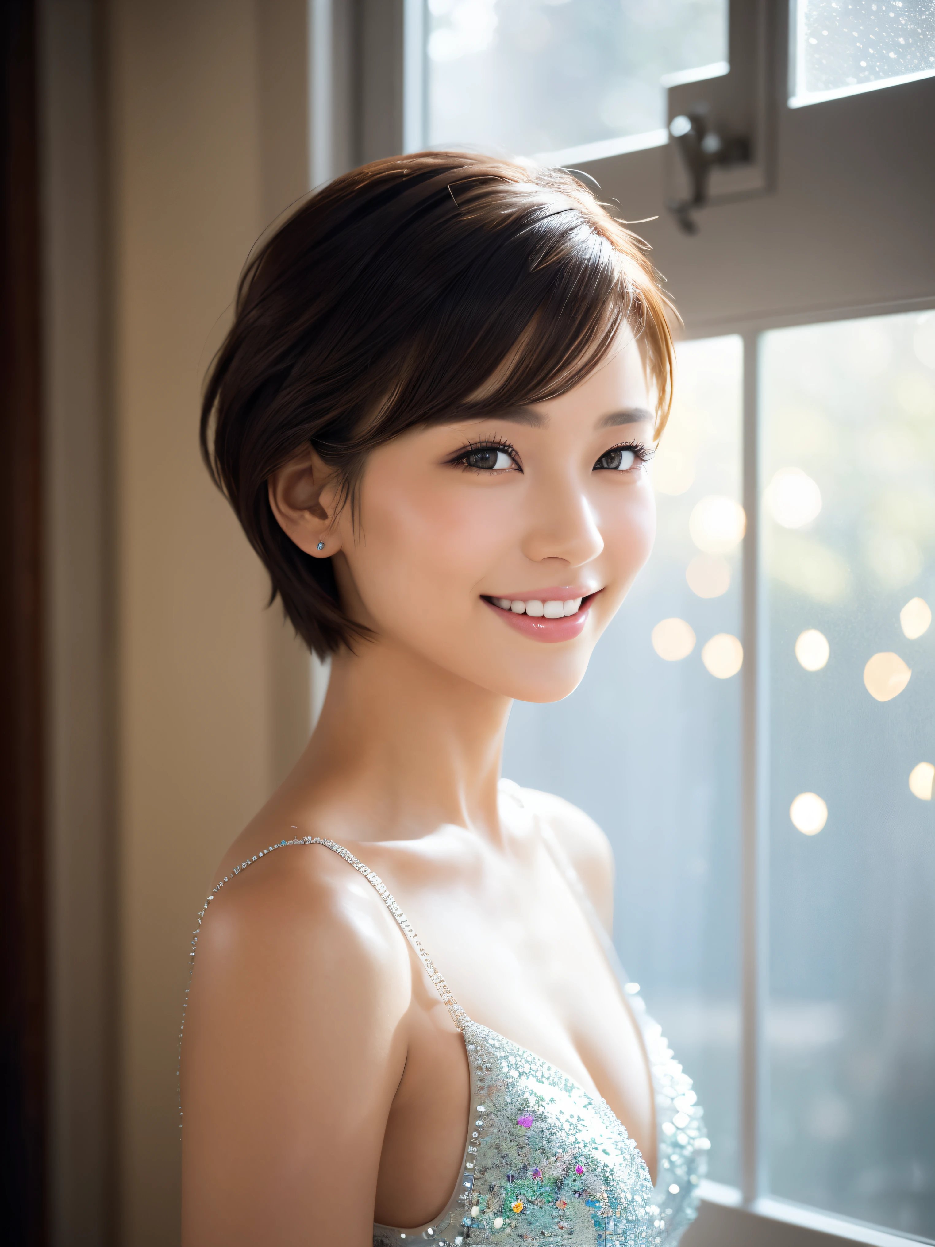 masterpiece, Best quality, Raw photorealism, Smile, big smile, happy face, Beautiful girl, Cute, Short hair, very short hair, small breasts, depth of field, High resolution, Ultra detail, Very detailed eyes and face, Sharp pupils, Realistic pupils, Sharp focus, Movie lighting, soft lighting, dinner dress, black dress, wearing sexy black dress, winter, winter vibe, brick wall background, at Christmas dinner setting, wine glasses, wrapped presents on dinning table, snowing behind a window,