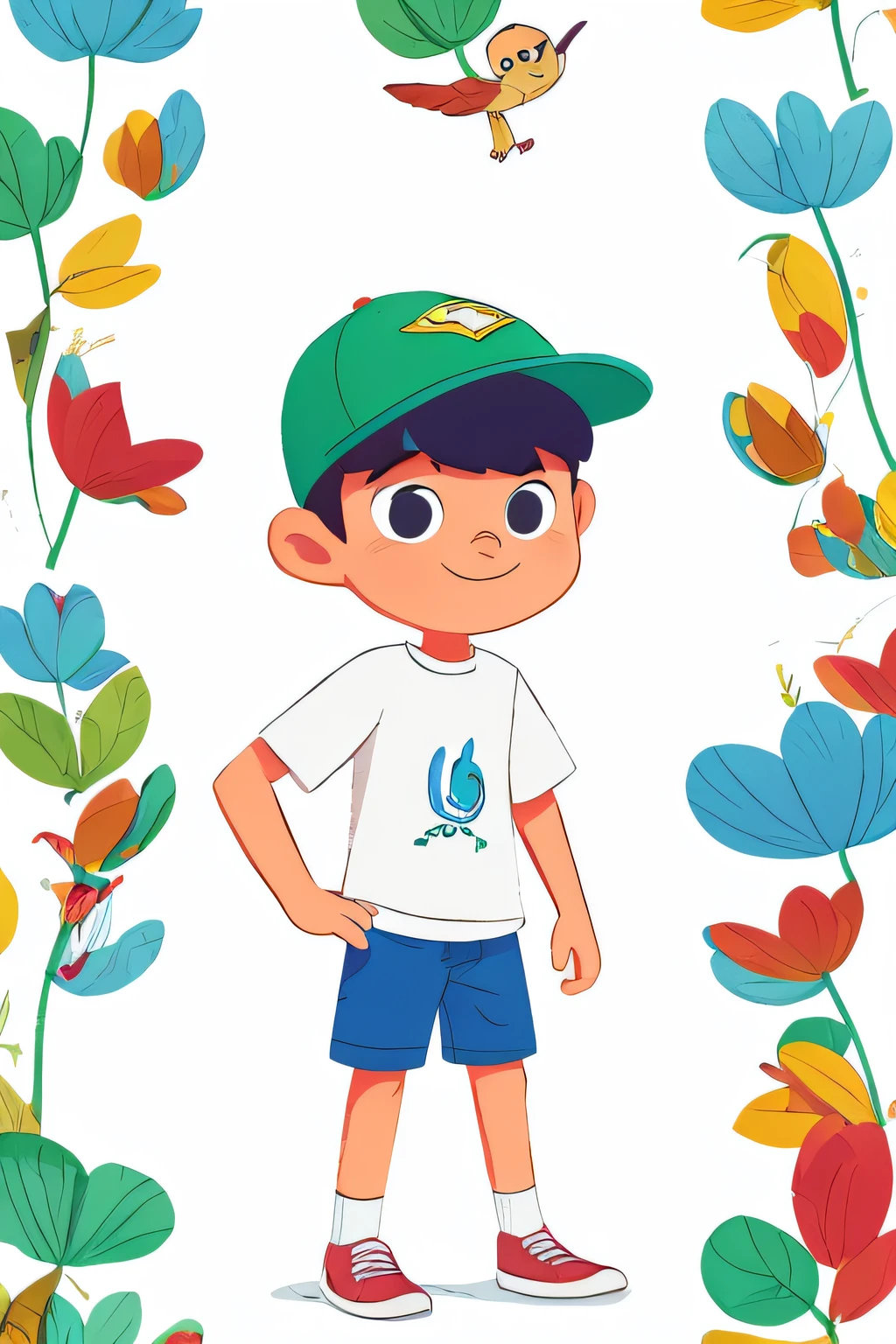 1 boy, solo, cartoon boy, full body, wearing a cap, running, cartoon style, big head, colorful shirt, flat color, (white background), (simple background)