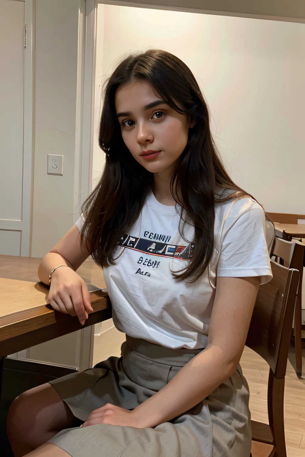 A 23-year-old girl wearing a T-shirt and a long skirt is sitting at the dining table and looking straight at the camera