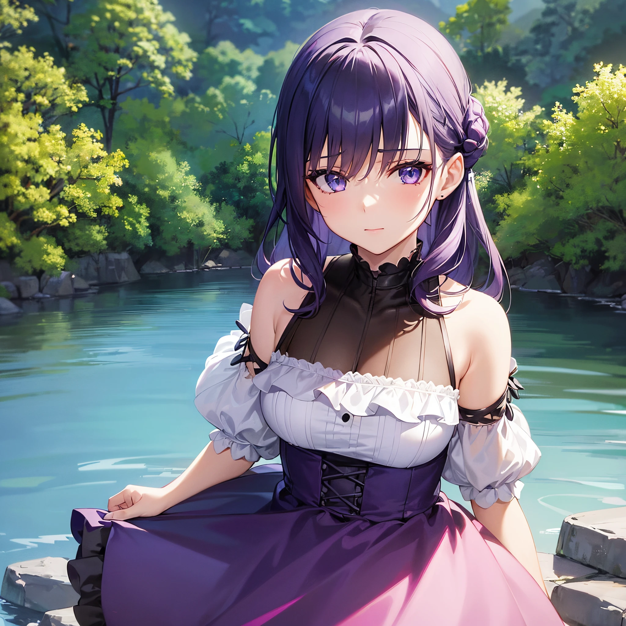 1girl, wearing a saintess clothes, dark-purple hair style split flowers, sharp blue eyes, she is milf, her hair is tied up beautifully with a cute clip, beautiful scenery art colour ((37 year old face)) ((no multiple people))