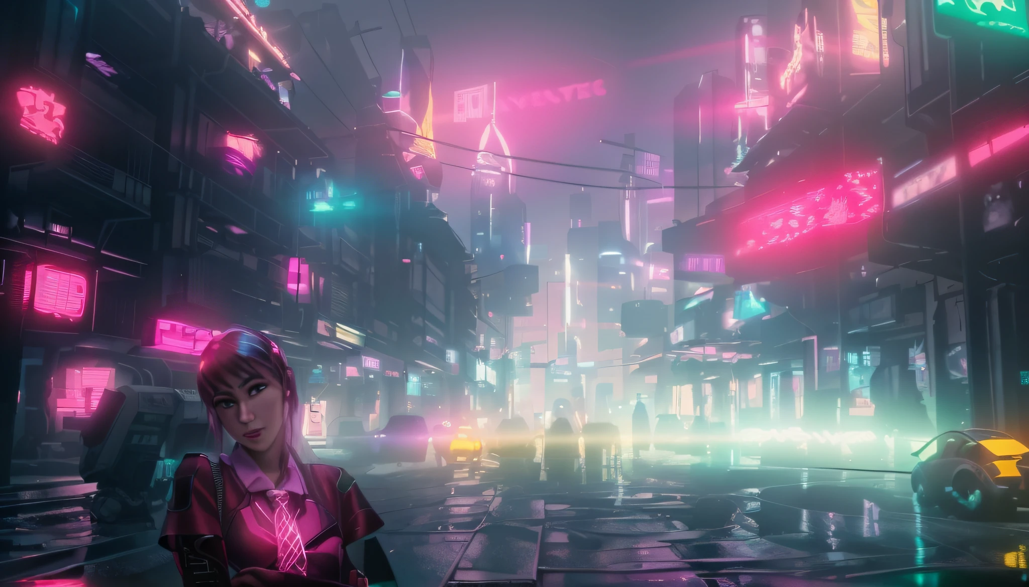 Alafed image of a woman standing in the city at night, In the cyberpunk city, In the cyberpunk city, cyberpunk in a cyberpunk city, in a cyberpunk setting, There is a cyberpunk style, at a cyberpunk city, at a cyberpunk city, in cyberpunk aesthetic, In a futuristic cyberpunk city, at a cyberpunk city, cyber punk setting, cyberpunk atmosphere, cyber punk style, Anime cyberpunk moderno