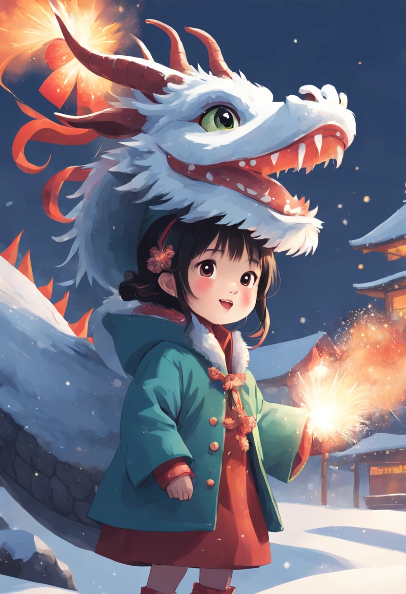 Chinese girl wearing a dragon head,Winters,fire works,snowfield,城市,a joyful atmosphere,solo person,tmasterpiece,Illustration style,Very detailed details