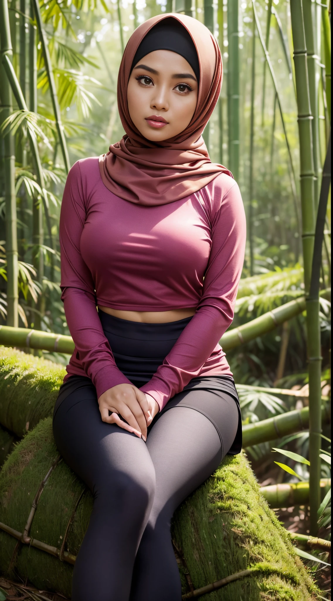 RAW, Best quality, high resolution, masterpiece: 1.3), Beautiful Malay woman in hijab (iu:0.8),looking at viewert，Portrait photography of a beautiful young malay girl in hijab wearing tight long sleeve tshirt and short skirt with leggings celebrate birthday, big breast，Detailed eyes，Sitting on the mossy ground in a bamboo forest， diffuselighting, depth of fields