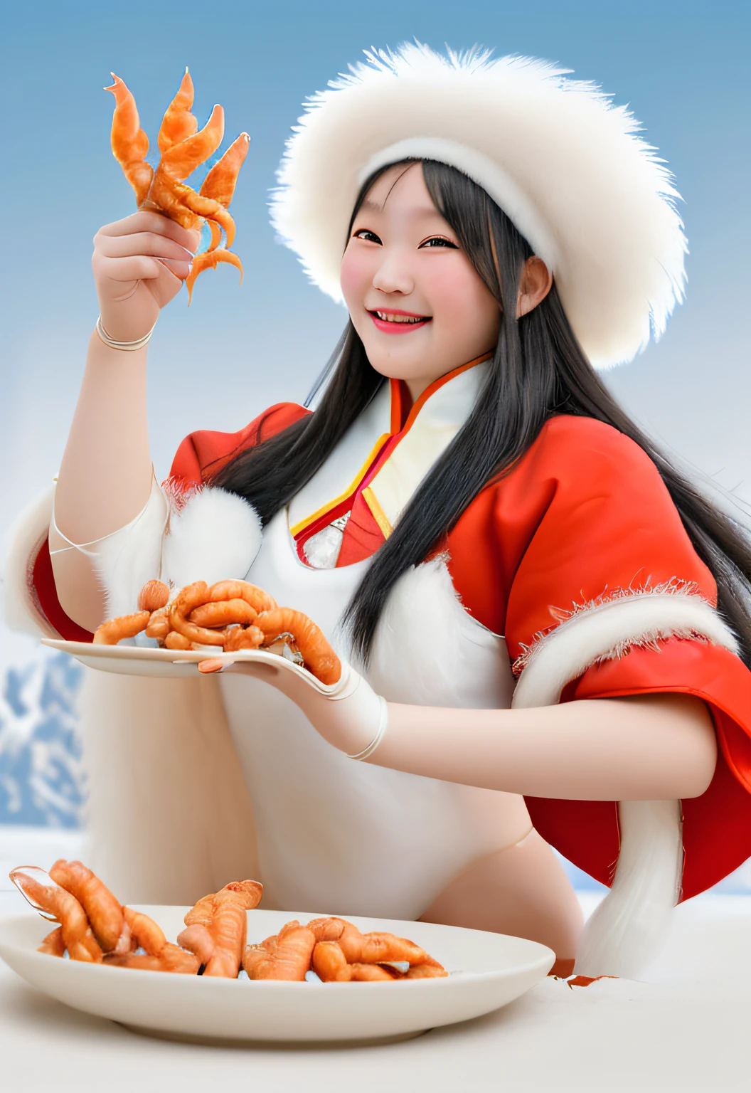 Mongolian little girl holds a plate of boneless chicken feet in one hand，bit girl，elementary student，13 year old girl，One hand holding chicken feet，Mongolian costume，Smiling happily，Realistic illustration，white backgrounid，HD 4K，repaint style，white backgrounid