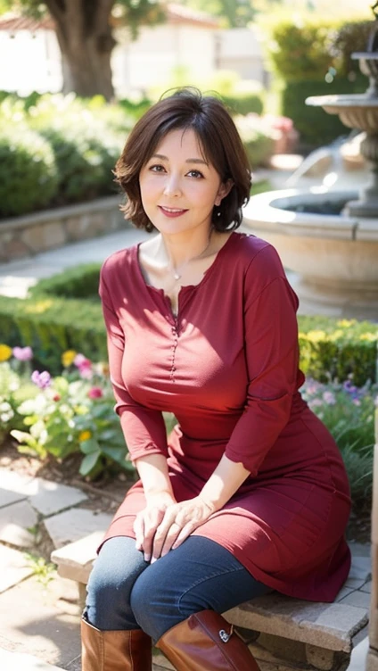 47 year old mature woman sitting in garden,big breasts beautiful,Large breasts