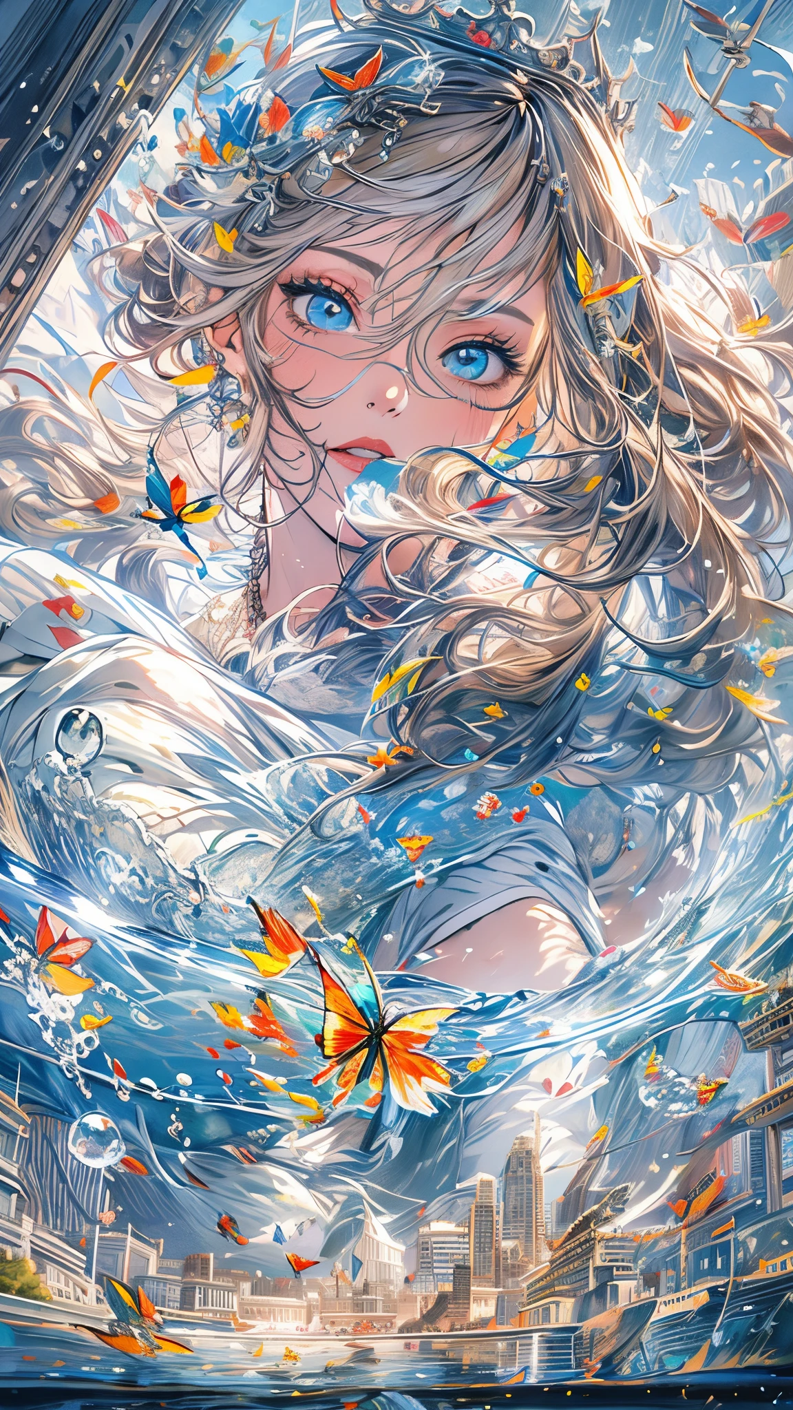 (highres,best quality,masterpiece:1.2),ultra-detailed,realistic:1.37,portraits,impressionism,underwater,irises,air bubbles,1 flat-chested girl,fish,long hair,flooding,solo,water,princess,blonde hair blue eyes,short sleeves,blue eyes,fairies,the Legend of Zelda,jewelry,8K,CG,detailed hand,kingdom city background,ancient machinery,crown,lighting effects