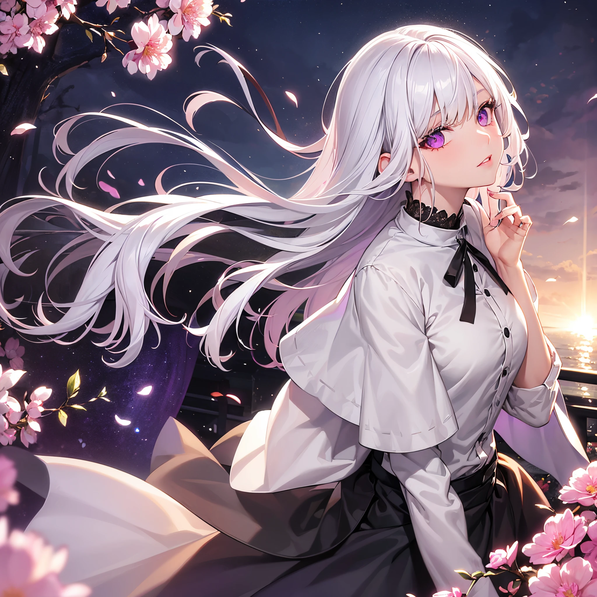 realisticlying,1girl,White hair,Purple eye,gloweyes,Cut the top,a skirt, black-silk,Parting lips,Be red in the face,the night,fresh flowers,suns,sun beam,