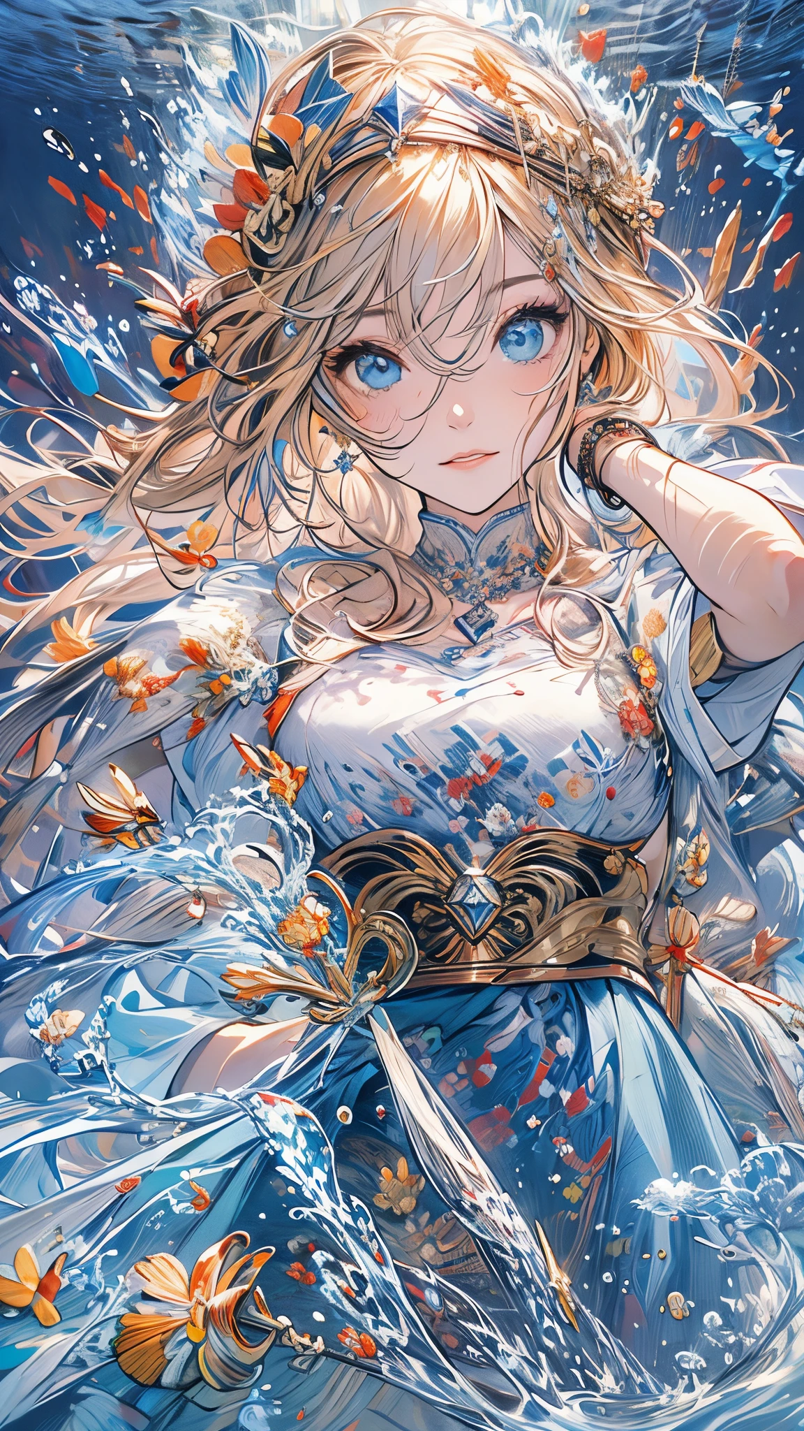 (highres,best quality,masterpiece:1.2),ultra-detailed,realistic:1.37,portraits,impressionism,underwater,irises,air bubbles,1 flat-chested girl,fish,long hair,flooding,solo,water,princess,blonde hair blue eyes,short sleeves,blue eyes,fairies,the Legend of Zelda,jewelry,8K,CG,detailed hand,kingdom city background,ancient machinery,crown,lighting effects