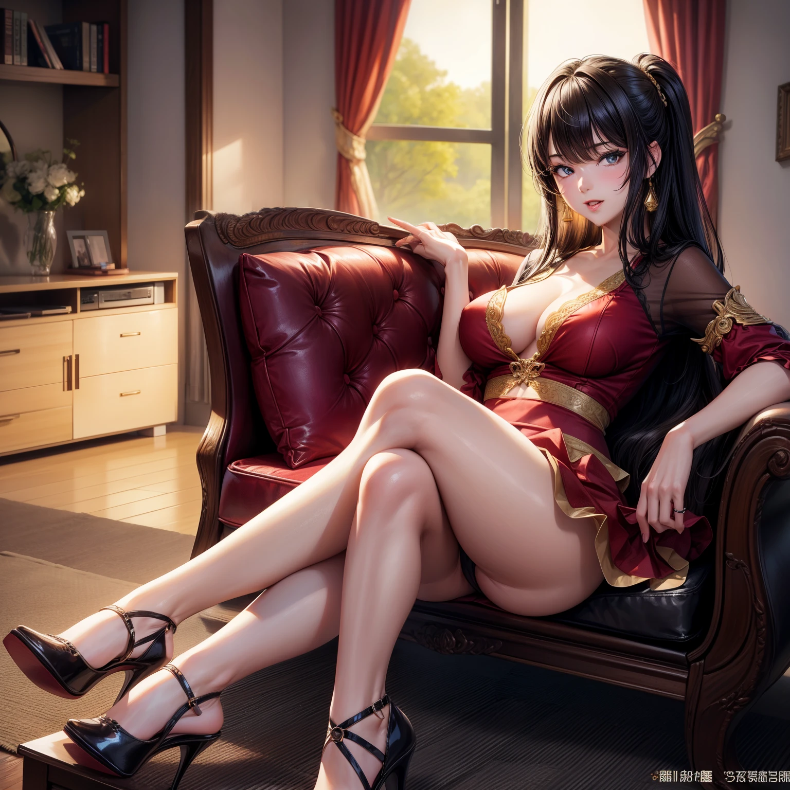 40 years、beauty legs、high-heels、whore、a licking gaze、masutepiece,Best Quality,8K,Original,Official art,Photorealistic,Raw photo,Photoless,.1girl in, cute girl is sitting。, tight skirts、blouse、Breasts showing through the blouse