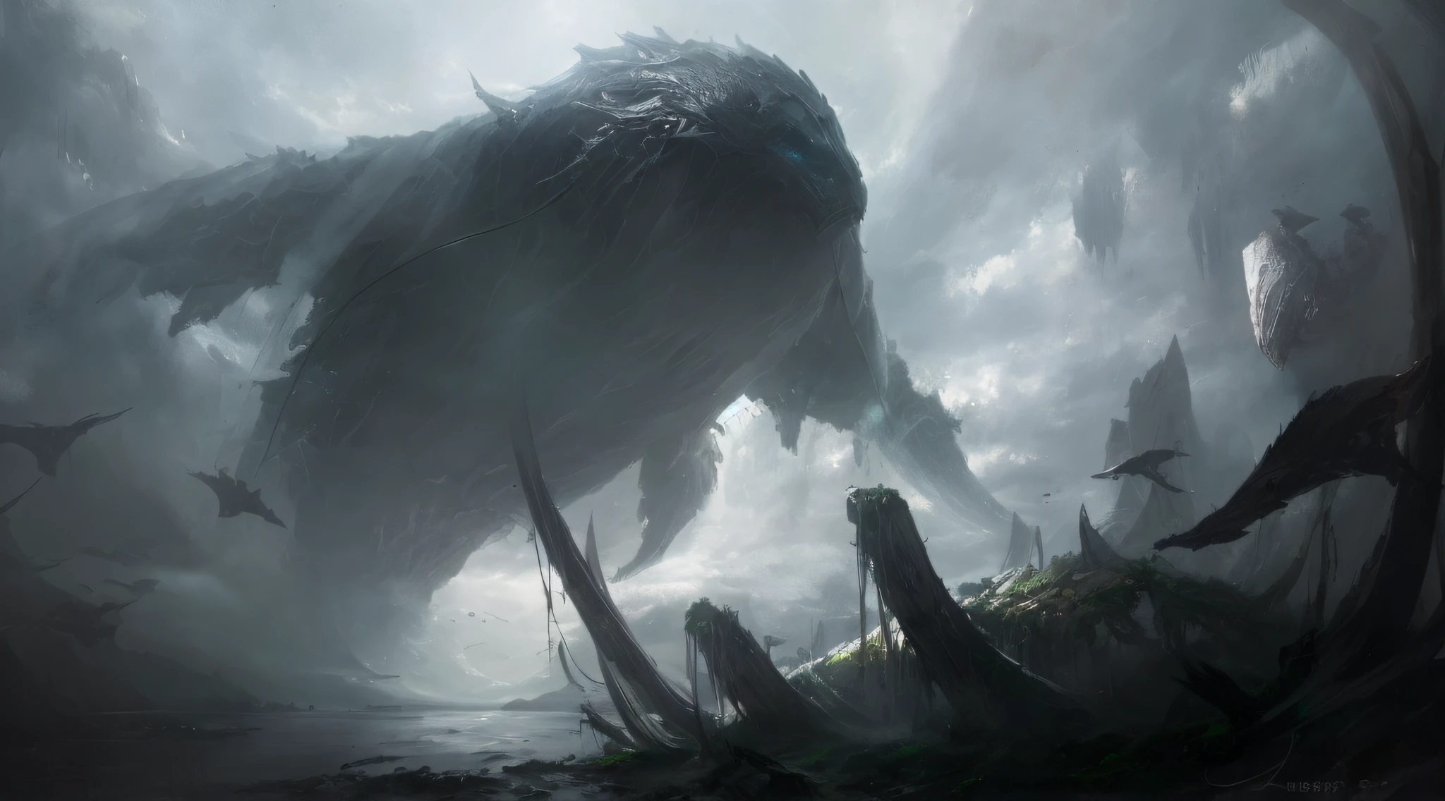 masterpiece, Superior image quality, High resolution, 4k image,photo and gross, photorealistic, view from below, giant snake, emerging from a lake, at night, atmosphere, fog