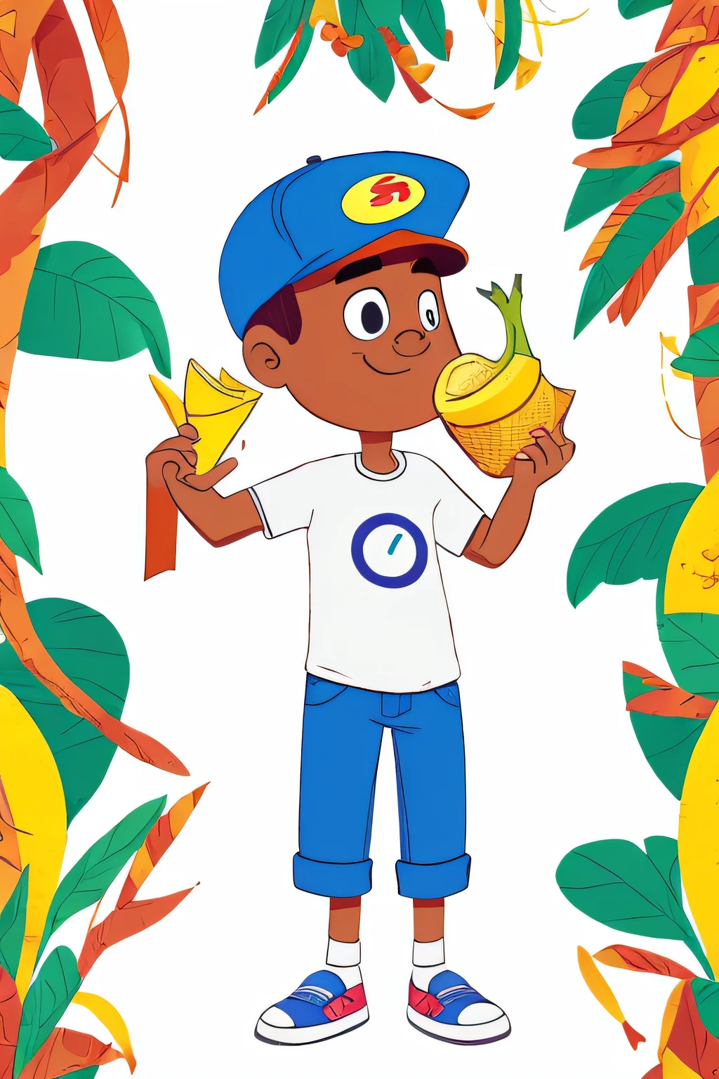 1 man, solo, cartoon man, full body, wearing a cap, holding a banana, cartoon style, big head, colorful shirt, flat color, (white background), (simple background)