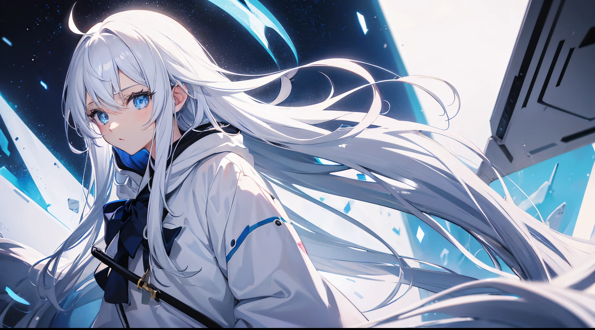 Anime girl, white hair, long hair, blue eyes, white hoodie