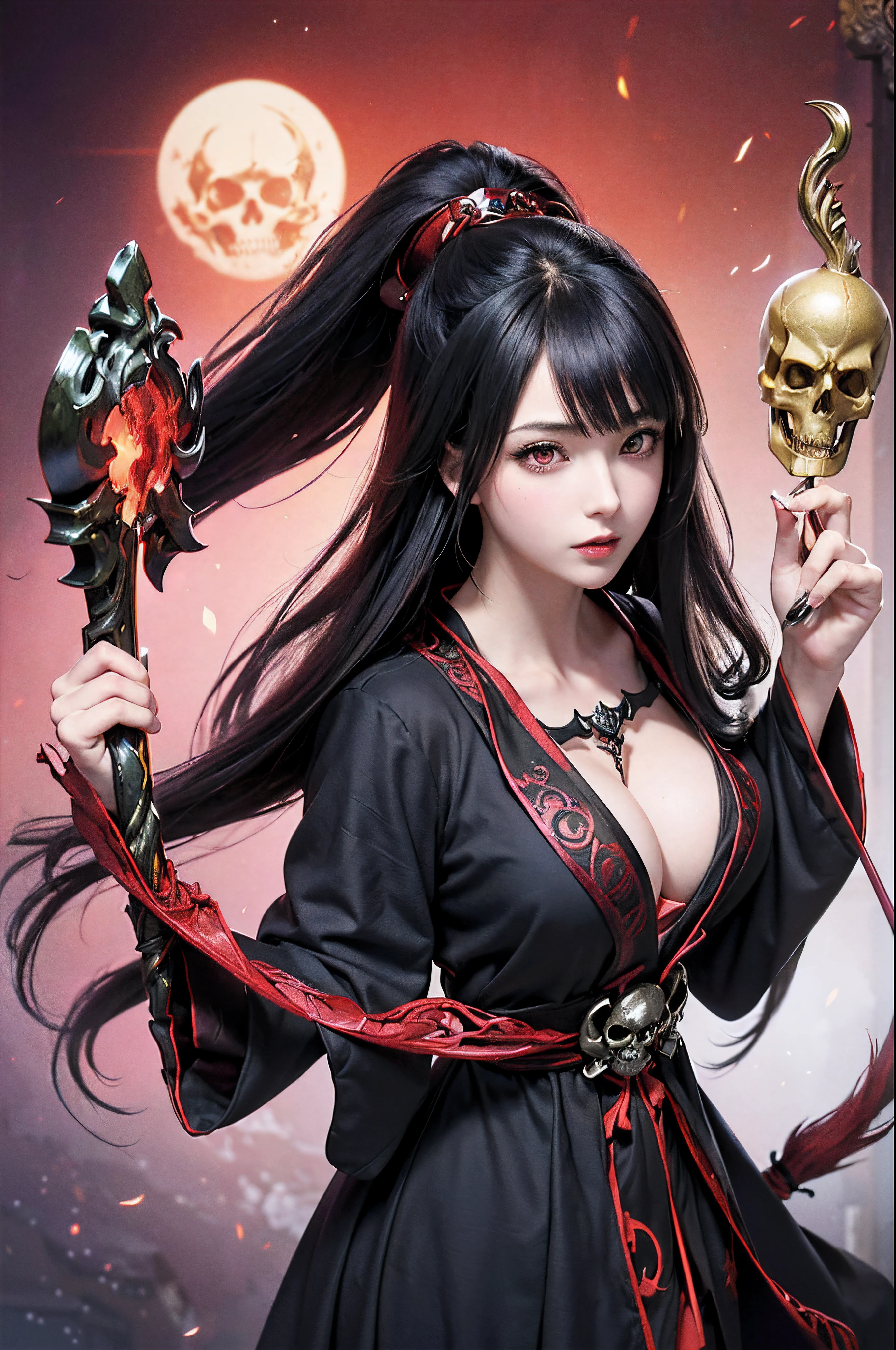 (((anime-style art))), (fantasy-themed), (((high resolution))), masterpiece,((female necromancer)), (in her (30s)). busty figure, beautiful eyes, beautiful face, beautiful expressions, long hairs, ((black and red sinister robe, staff with a skull, shrouded in red mist)), (((three-quarter shot)))
