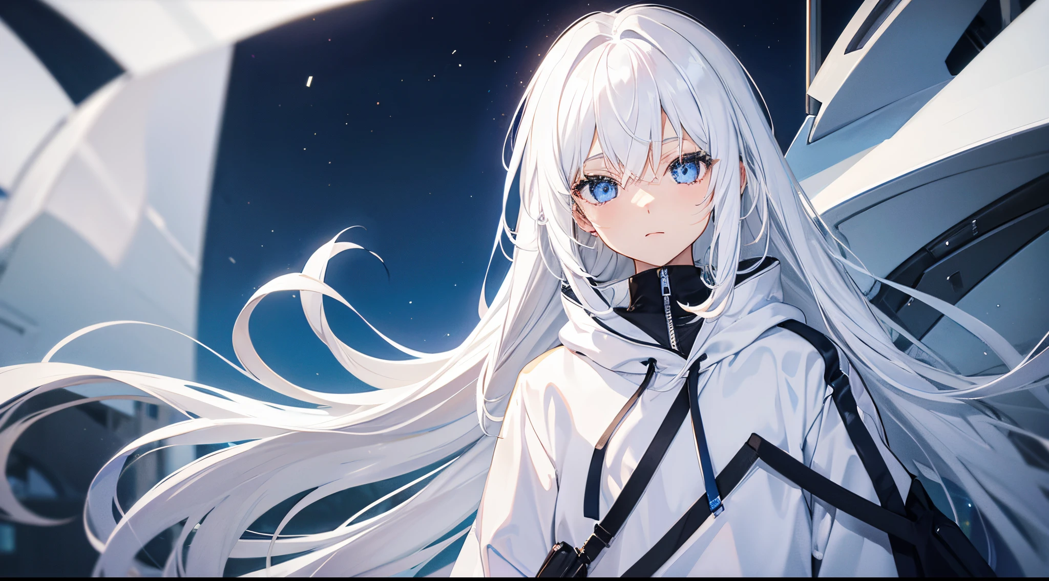 Anime girl, white hair, long hair, blue eyes, white hoodie