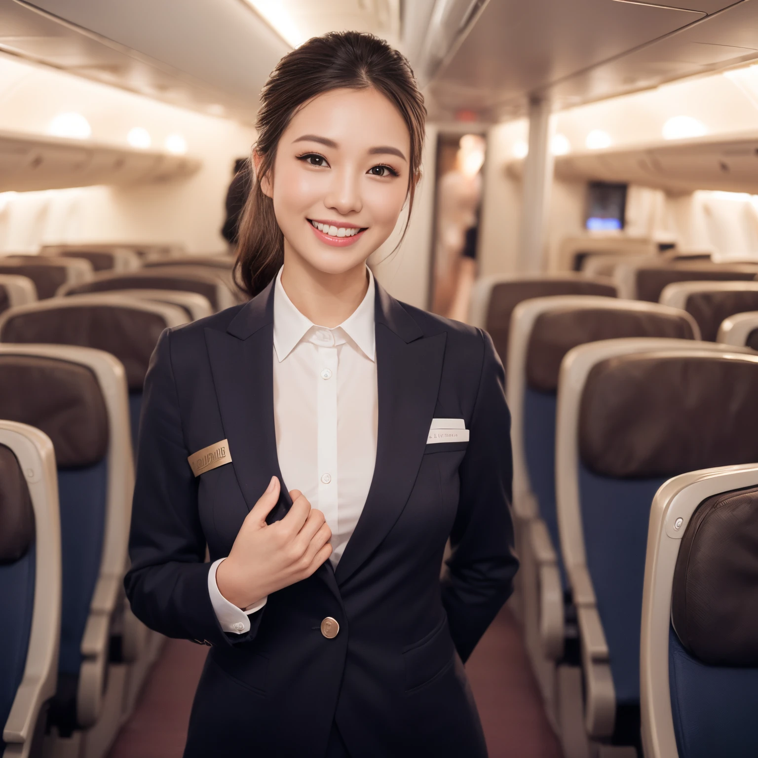 ((top-quality、masutepiece、8K、Top image quality、Hyper-Realism))、（（1 female stewardess、walk gracefully down the aisle、cowboy  shot、Take a photo of her from the waist up))、((The background is the first class aisle of an airplane....))、((perfect stewardess uniform))、(Exposing the forehead、Chignon)、large full breasts、The Biggest Smile、white big teeth、Perfect makeup、long eyelashes、View me、smile your best smile、perfect anatomia、Bright lighting