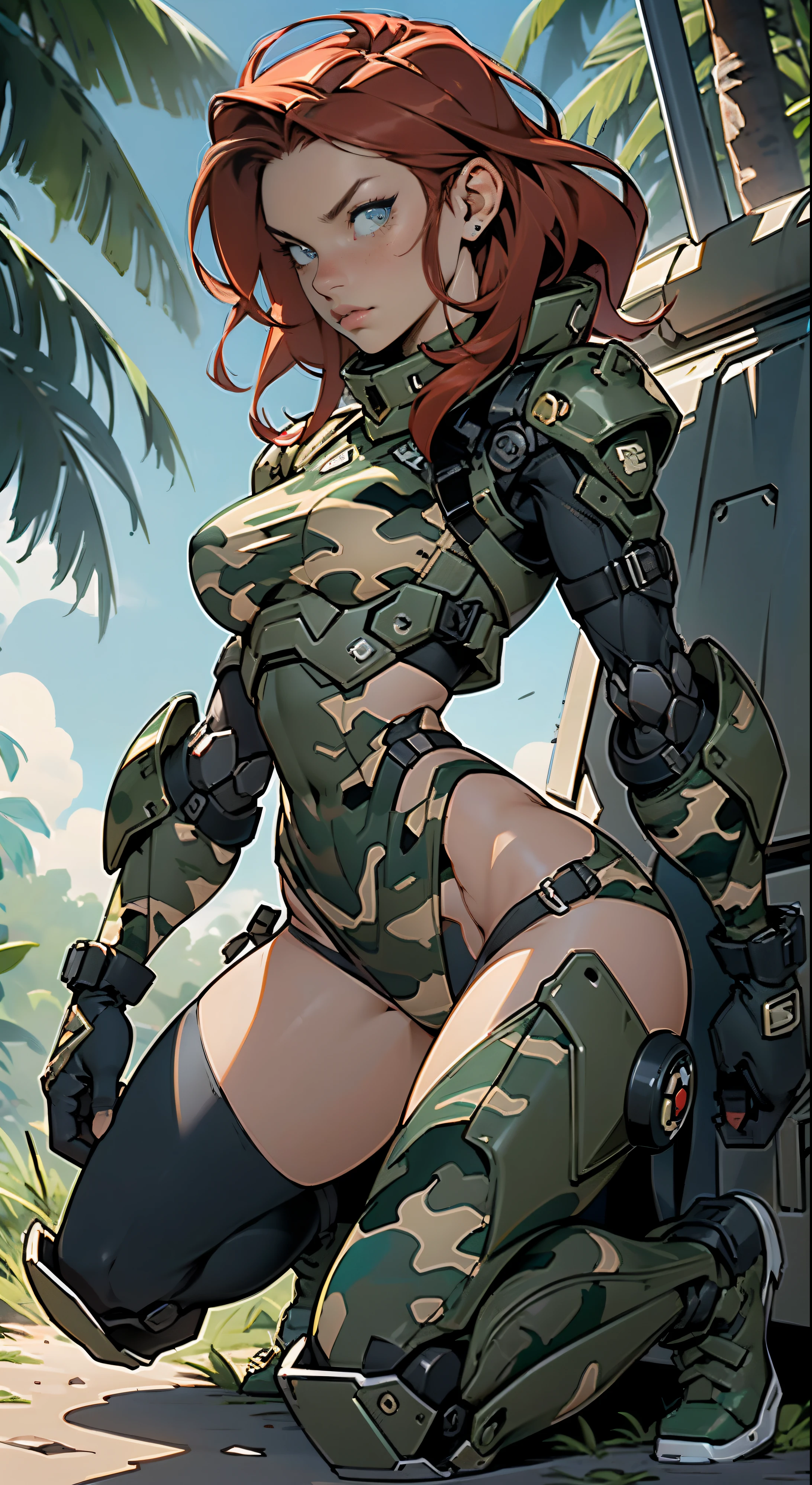 1woman 20 years old, max resolution, sculpted, military, wearing a soldier helmet, beautiful, perfect body, red hair, blue eyes, perfect body, thin waist, wide hips, large breasts, slim thighs, jungle background, armored vehicle, military robot dog, camouflaged uniform, tight panties, two-piece, highly detailed, high resolution, perfect hands, side view, camo, face fully turned to the side to look at the viewer, turn her head to look at the viewer, taking a knee, one knee on ground, one knee up, holding a combat knife