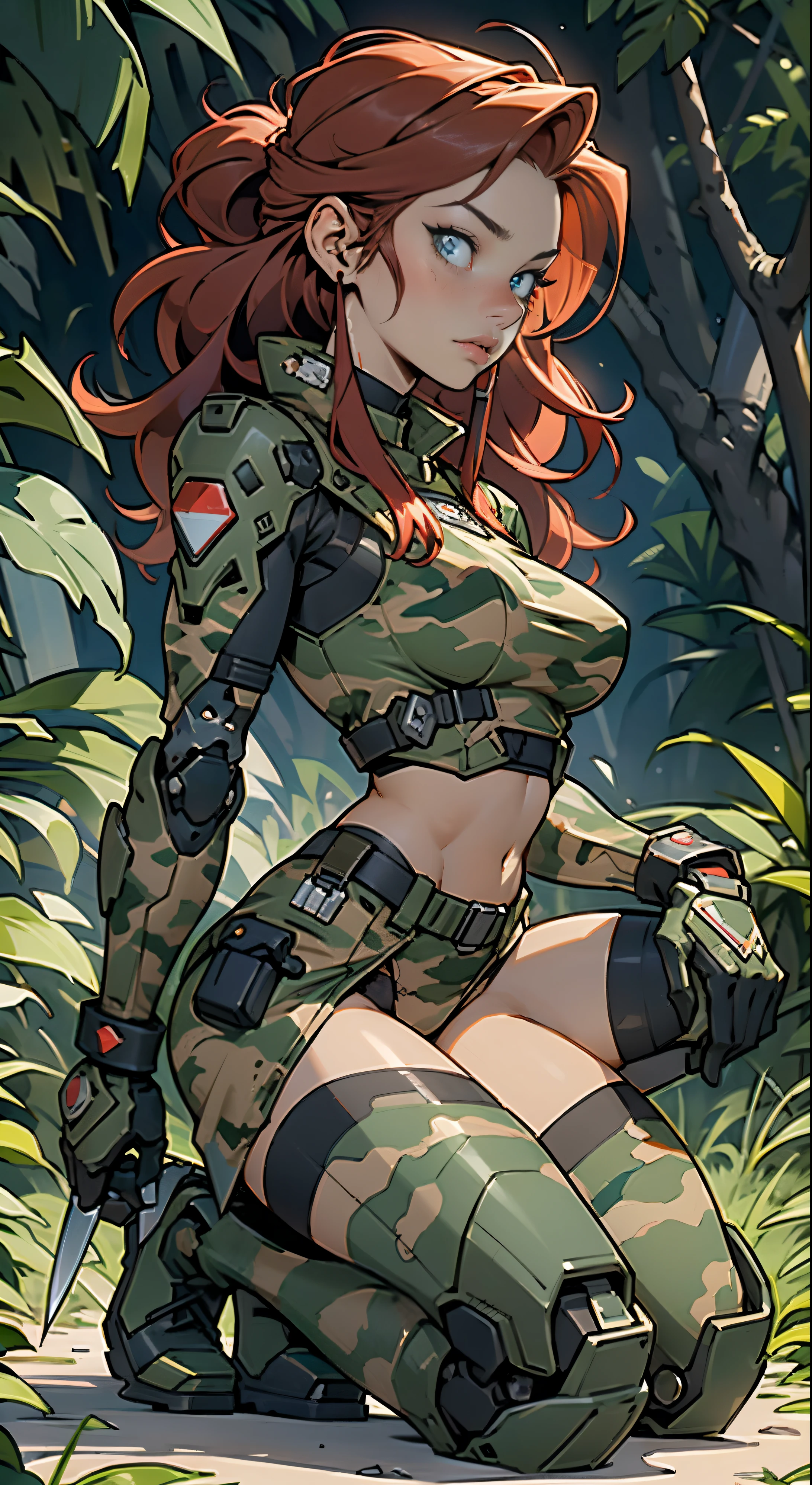 1woman 20 years old, max resolution, sculpted, military, wearing a soldier helmet, beautiful, perfect body, red hair, blue eyes, perfect body, thin waist, wide hips, large breasts, slim thighs, jungle background, armored vehicle, military robot dog, camouflaged uniform, tight panties, two-piece, highly detailed, high resolution, perfect hands, side view, camo, face fully turned to the side to look at the viewer, turn her head to look at the viewer, taking a knee, one knee on ground, one knee up, holding a combat knife