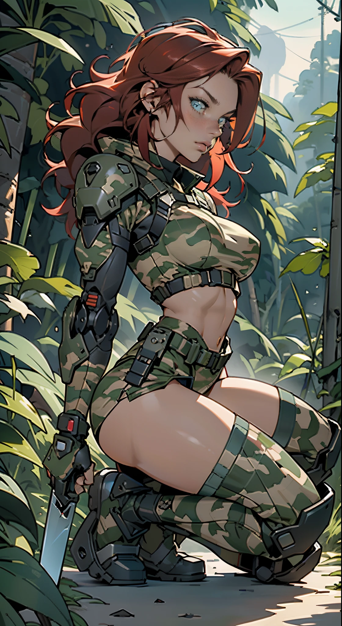 1woman 20 years old, max resolution, sculpted, military, wearing a soldier helmet, beautiful, perfect body, red hair, blue eyes, perfect body, thin waist, wide hips, large breasts, slim thighs, jungle background, armored vehicle, military robot dog, camouflaged uniform, tight panties, two-piece, highly detailed, high resolution, perfect hands, side view, camo, face fully turned to the side to look at the viewer, turn her head to look at the viewer, genuflection kneeling