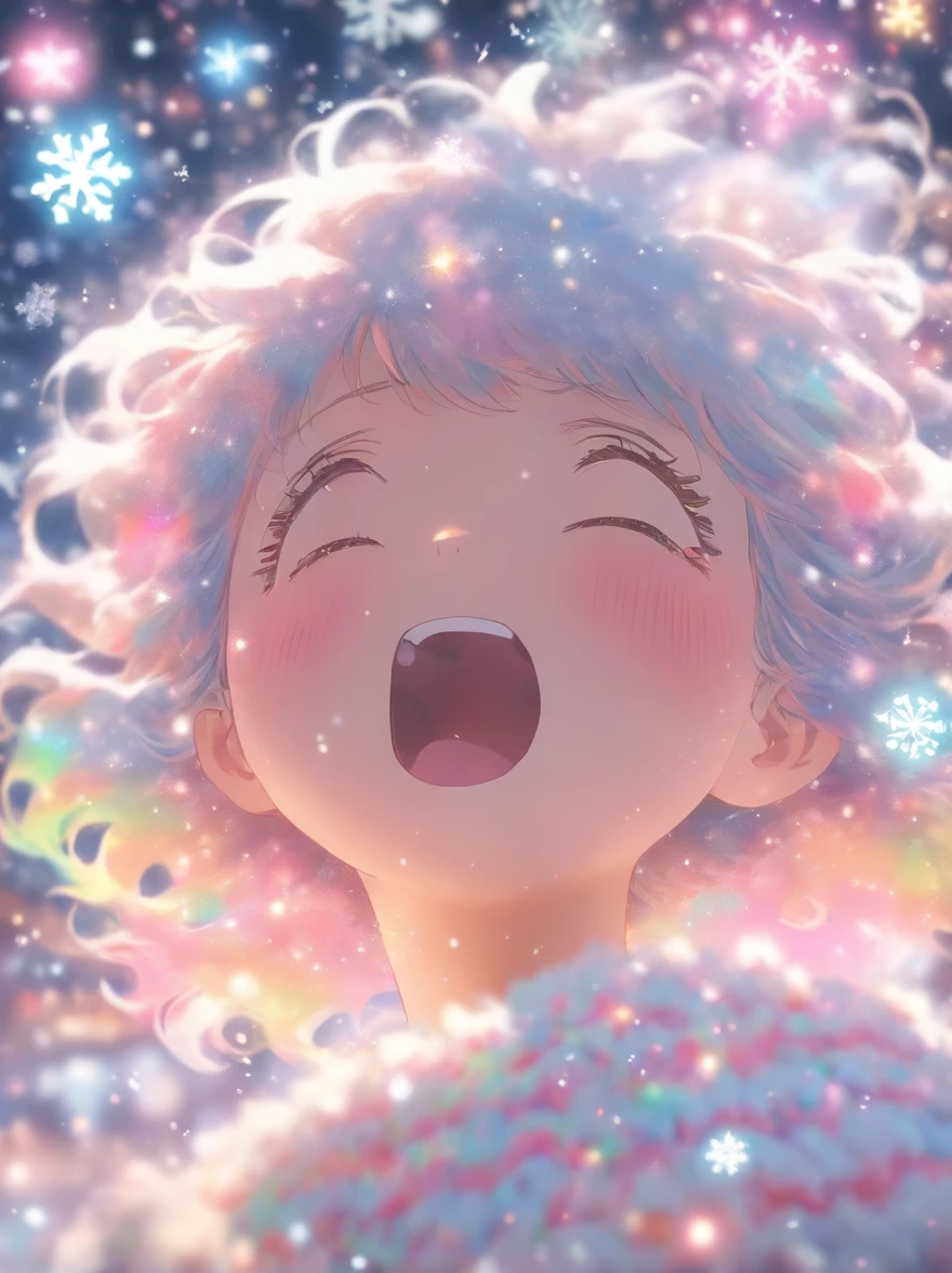 The exhaled breath is white：1.5，look up sky，Sad face，wearing a pink knitted hat，Snowflakes and stars on pink and blue background, Ayako Rokkaku&#39;pastels, Tumbler, holography, light snowing, pastel faded effect, snowy background, light snowing, background is heavenly, Dancing snowflakes, Snowflower, Gentle background, Background pastels, Shining snow, Snowflower, bokeh rainbow accent, snowflakes falling, magical background