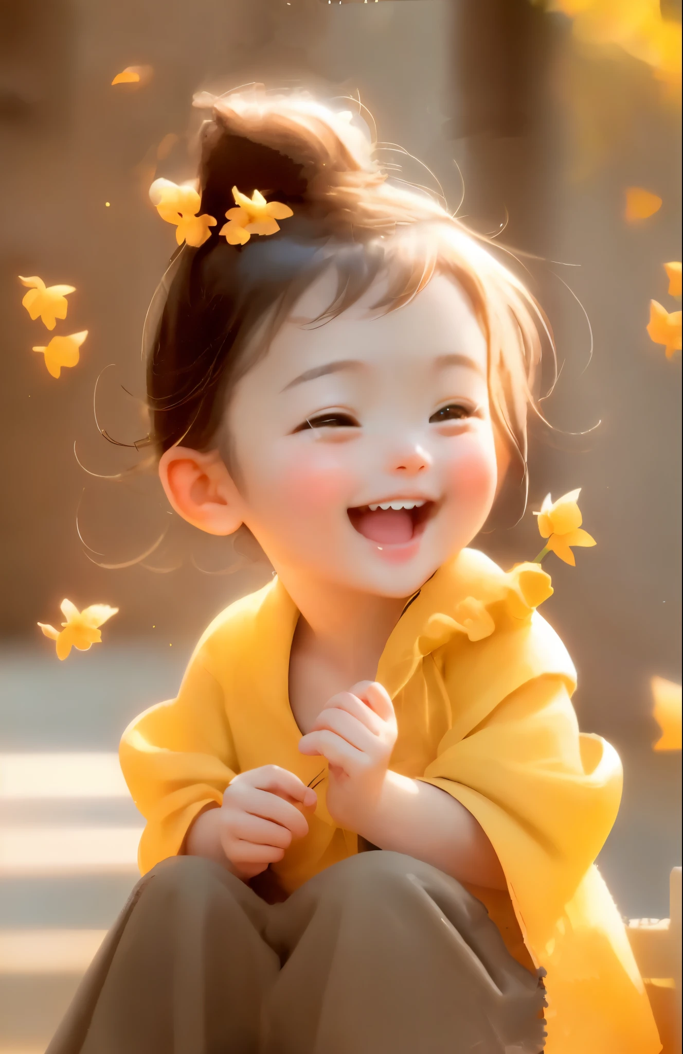 One is wearing a yellow jacket、Close-up of child with yellow flower in hair, laughing sweetly, lovely digital painting, beautiful and smiling, adorable smile, adorable smile, adorable digital art, A sweet smile, soft surprised smile, she smiles and is happy, gentle happy smile, Happy girl, happy and smile, Happy expression, Happy kids, Smiling girl, cute beautiful