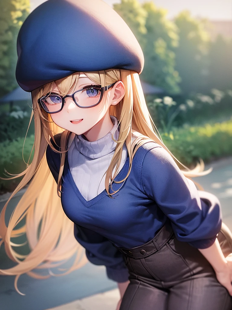 season in winter, at dusk, good weather in the park, side lake. a one beauty woman, blond bob hair, glasses, wears a blue beret on head, tops is fashionable blue sweater, bottoms is denim long skirt, (sexy::1.2) smile.