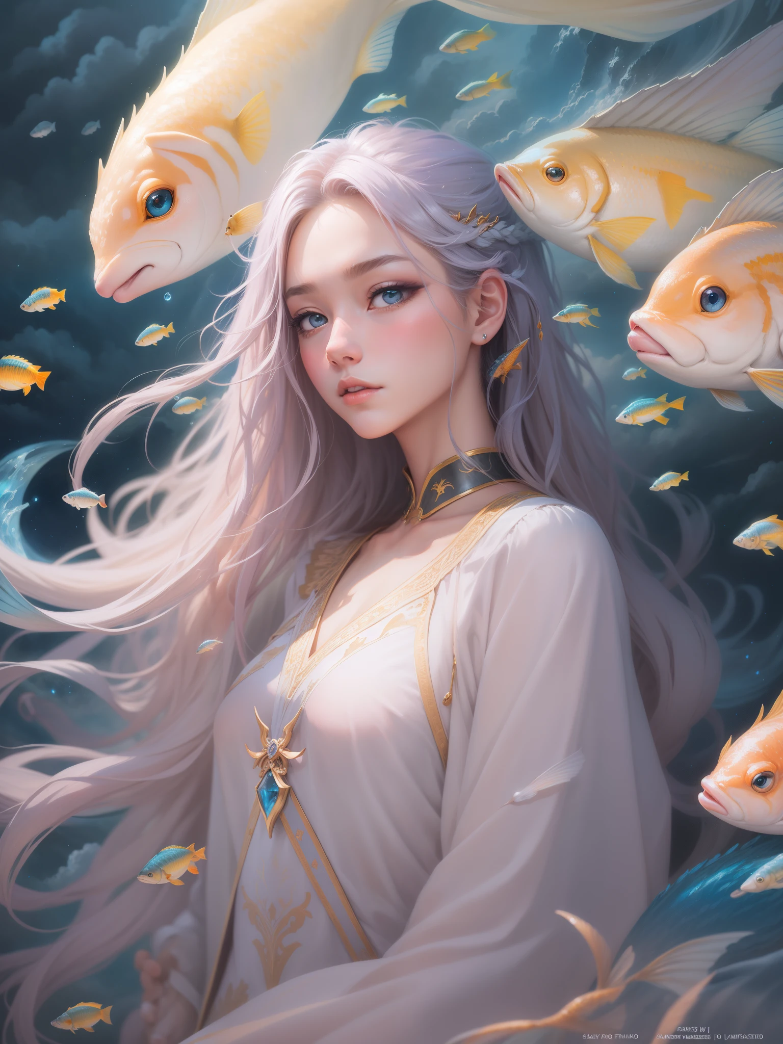 (tmasterpiece,official art aesthetic)。an oil painting,Oil brush strokes,Fantasyart:1.37,sky picture above,Fluffy clouds:1.37, (sad cloud goddess:1.37, The eyes are bright,Light-colored hair,Delicatemakeup,Glowing skin,Tulle clothes,Schools of fish surround her:1.37),Contre-Jour,Guviz style artwork, fantasy art style, In Baiyun Wonderland, beautiful fantasy art portrait