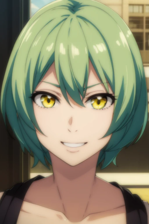 Cute girl, dark green hair, yellow eyes, Sexy smile, short hair,