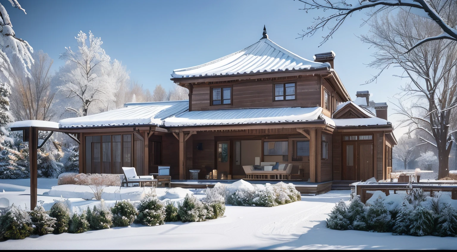 Ice and snow-themed high-end B&B houses、Garden scene、Renderings of interior space design from different angles