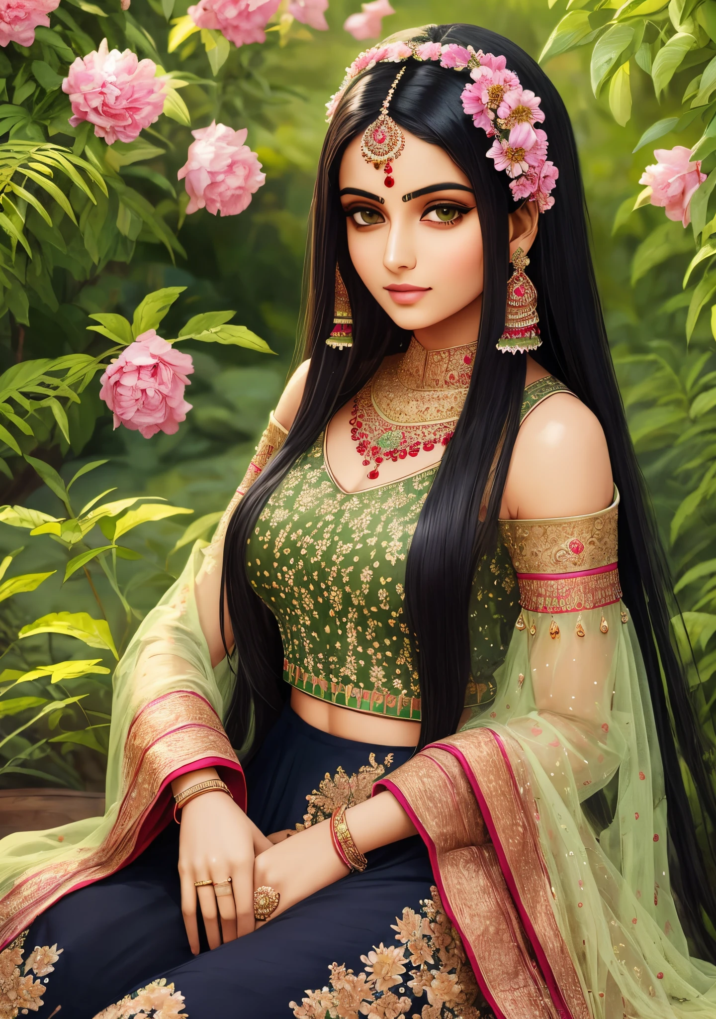 Anarkali is a young woman with olive skin, long black hair, and piercing green eyes. She is wearing a traditional Mughal dress, which is made of rich fabrics and adorned with jewels. She is sitting in a garden, surrounded by flowers and greenery. The overall tone of the painting is romantic and sensual. --auto --s2