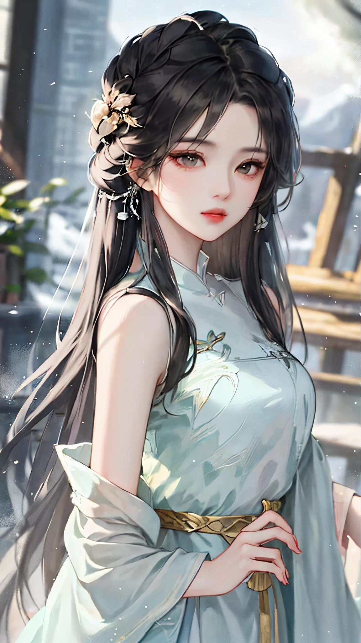heroes&#39;A masterpiece in the style of ancient Wei Zi，Close-up of a woman with black hair，mistic，Antique rhyme，Exquisite epic character art，Presenting stunning aesthetics and antique atmosphere，The delicate brushstrokes and depth of field in the picture make you immersed in the scene，Fan Qiwu quasi-world can be regarded as the beauty of mountains and rivers，Liu Yifei,