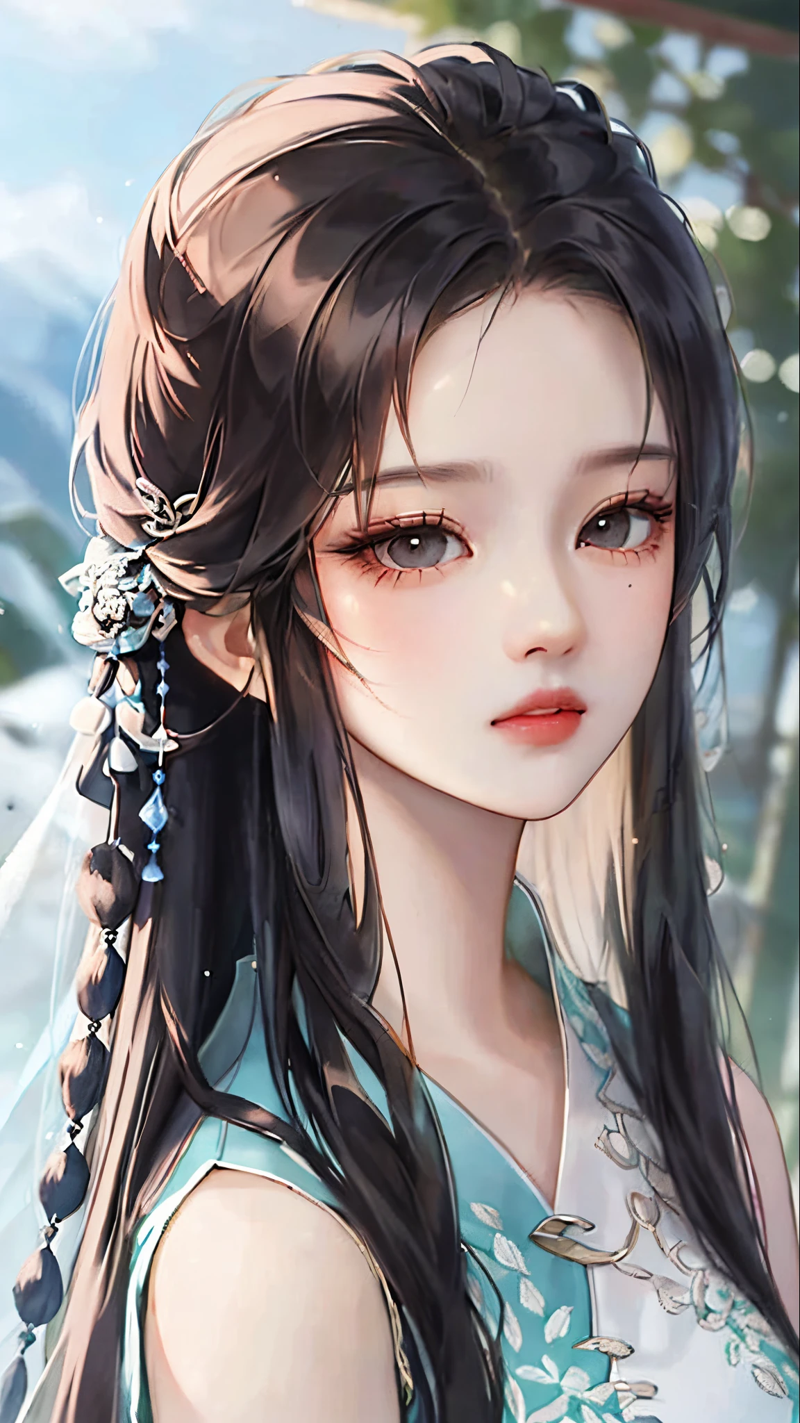 heroes&#39;A masterpiece in the style of ancient Wei Zi，Close-up of a woman with black hair，mistic，Antique rhyme，Exquisite epic character art，Presenting stunning aesthetics and antique atmosphere，The delicate brushstrokes and depth of field in the picture make you immersed in the scene，Fan Qiwu quasi-world can be regarded as the beauty of mountains and rivers，Liu Yifei,