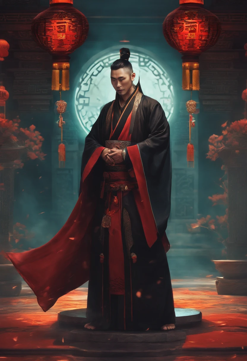 Create an image of an ancient Chinese male Taoist priest,Two-dimensional comic book style,Dressed in a Taoist robe,The character has a cold expression,Look down on life and death,The background is cyberpunk