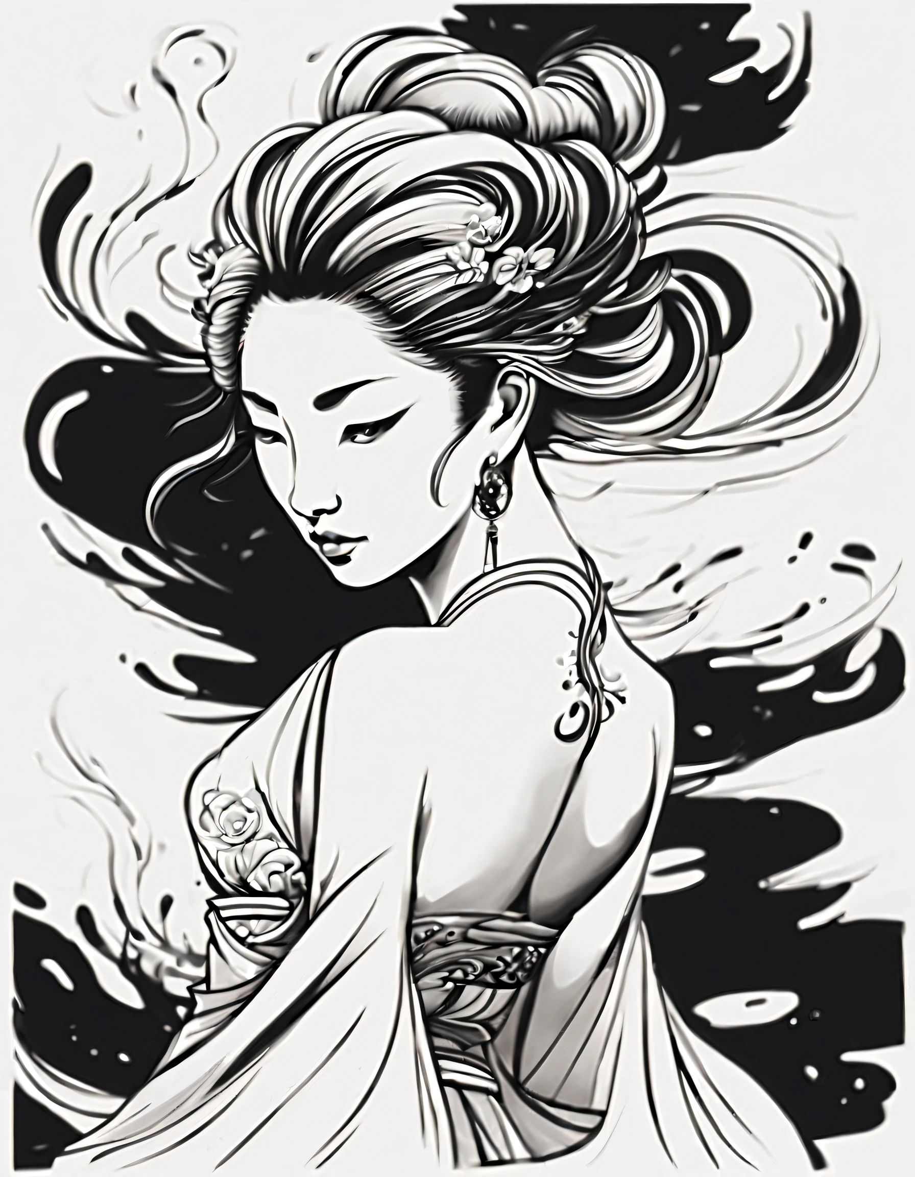 Chinese traditional ink body art style, (Use simple lines to outline a woman’s beautiful body），woman&#39;s back, undulating lines, Thick and thin lines, (body art）,
line art, Black and white painting,character drawing,line art,lyrical abstraction, Fountain Pen Art,Gel Pen,crayon art,