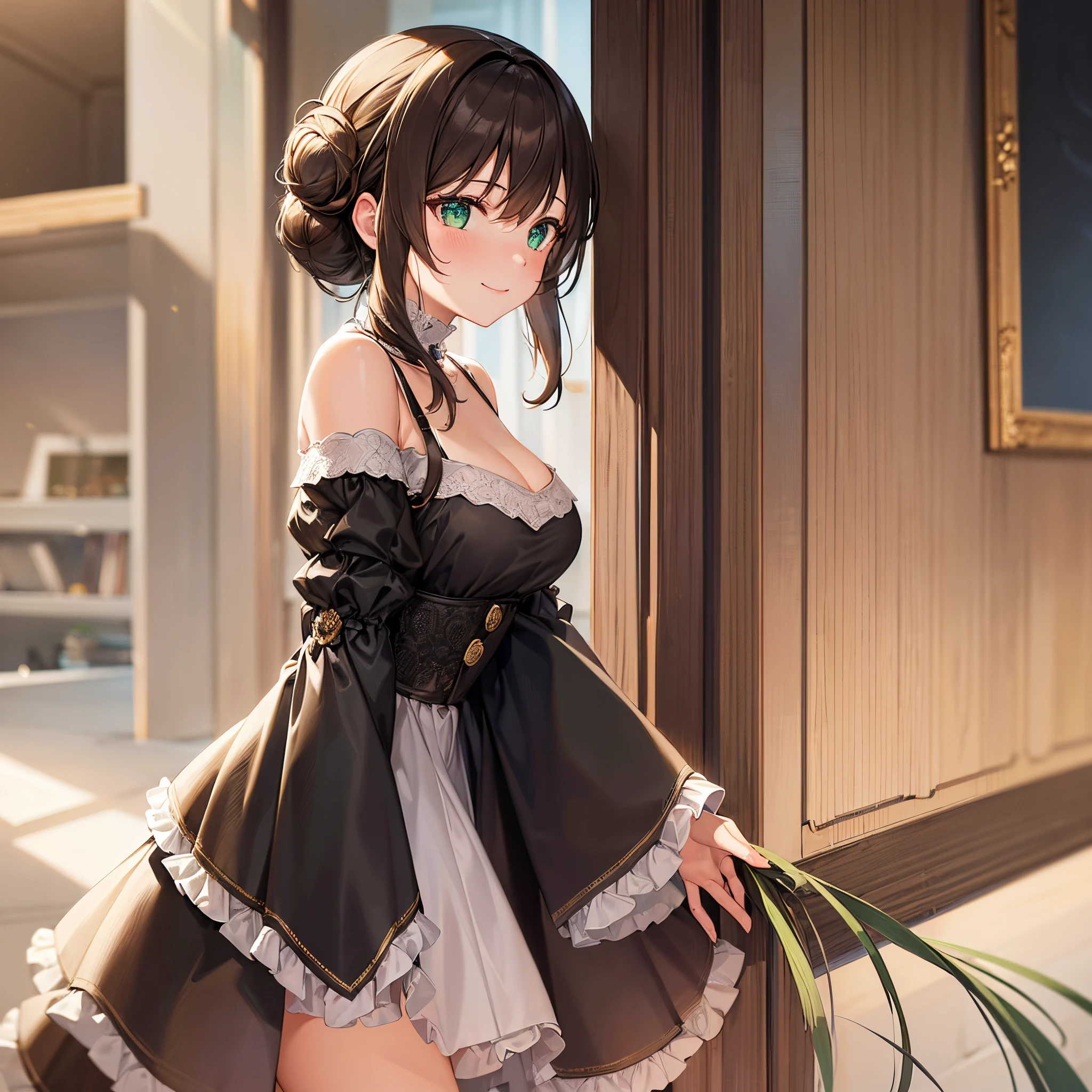 (masterpiece:1.2, best quality:1.2, beautiful, high quality, highres:1.1, aesthetic),
highres,1girl,solo,green eyes,long hair,shirt,looking at viewer,hair ornament,white shirt,bangs,upper body,smile,brown hair,closed mouth,hair bun,hair between eyes,blush,looking to the side,from side,breasts,